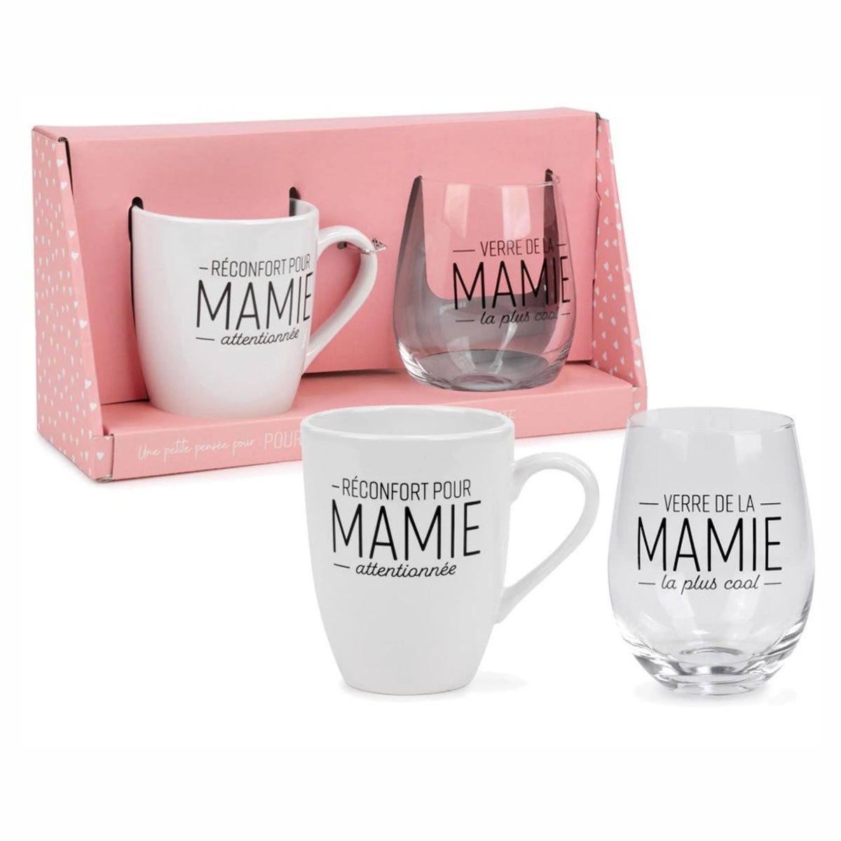 Ensemble d’une tasse et d’un verre à vin avec inscription ''MAMIE''