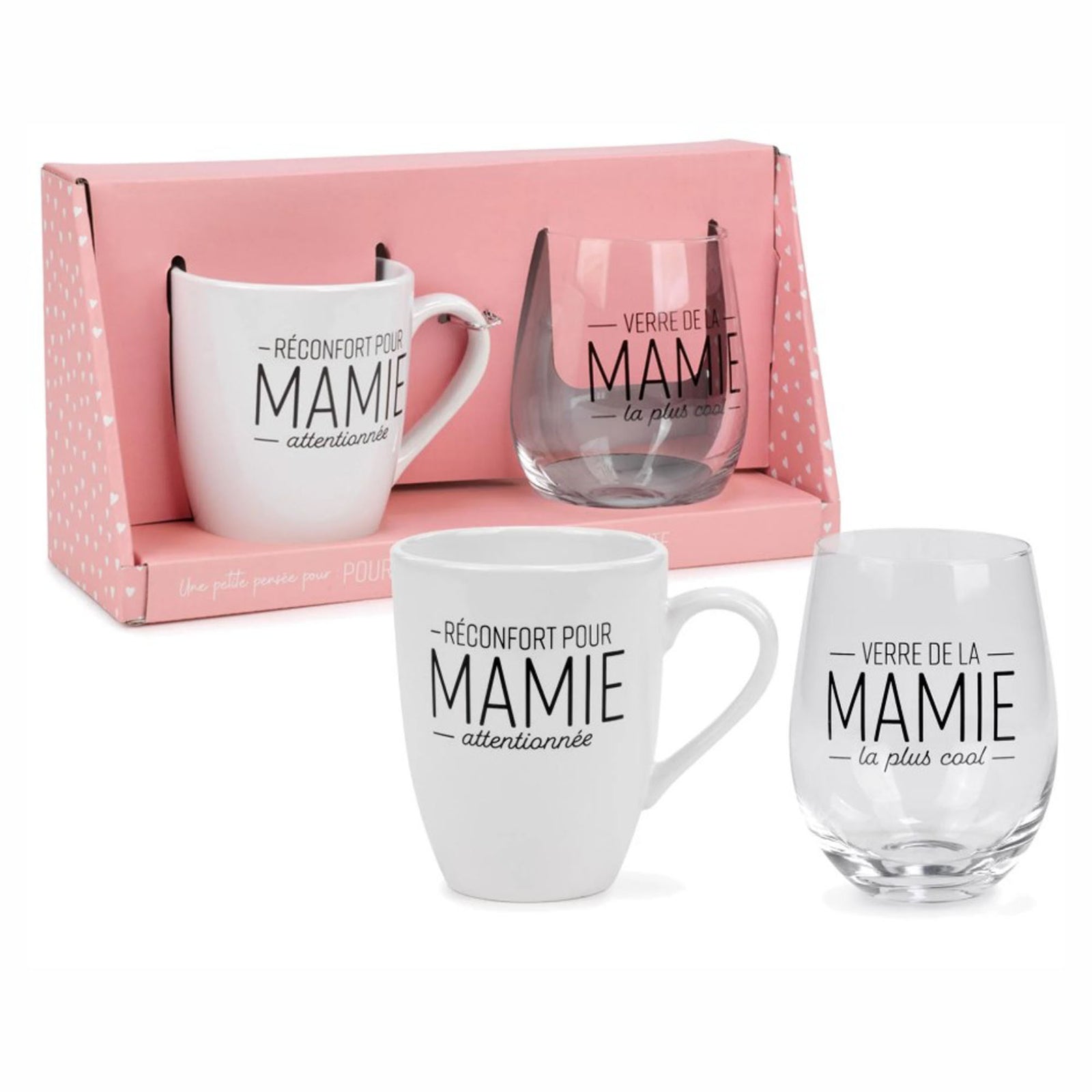Ensemble d’une tasse et d’un verre à vin avec inscription ''MAMIE''
