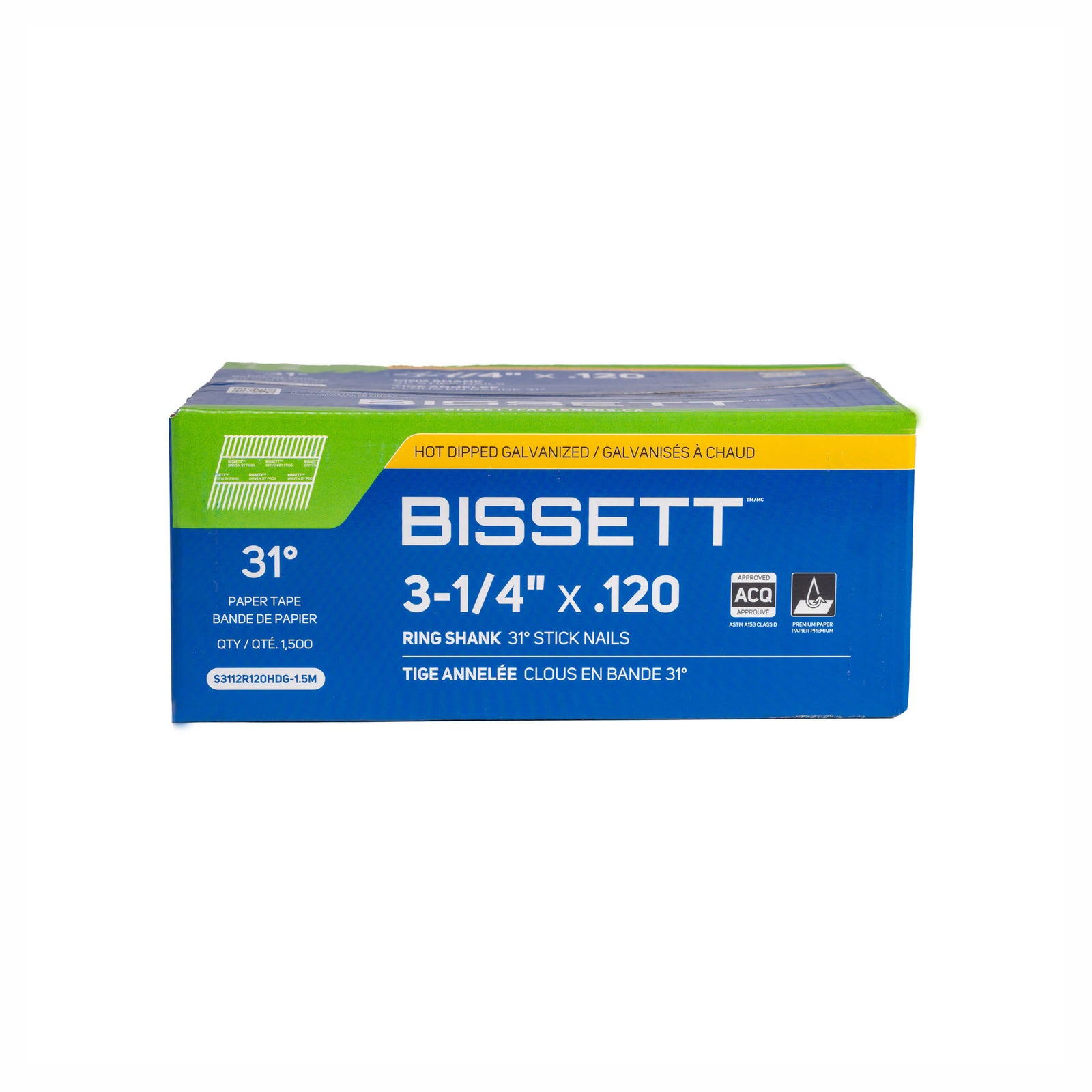 Clous galvanisés à chaud sur bande de papier à angle de 31° avec tiges annelées, 3-1/4'' x .120 (1 500 unités)