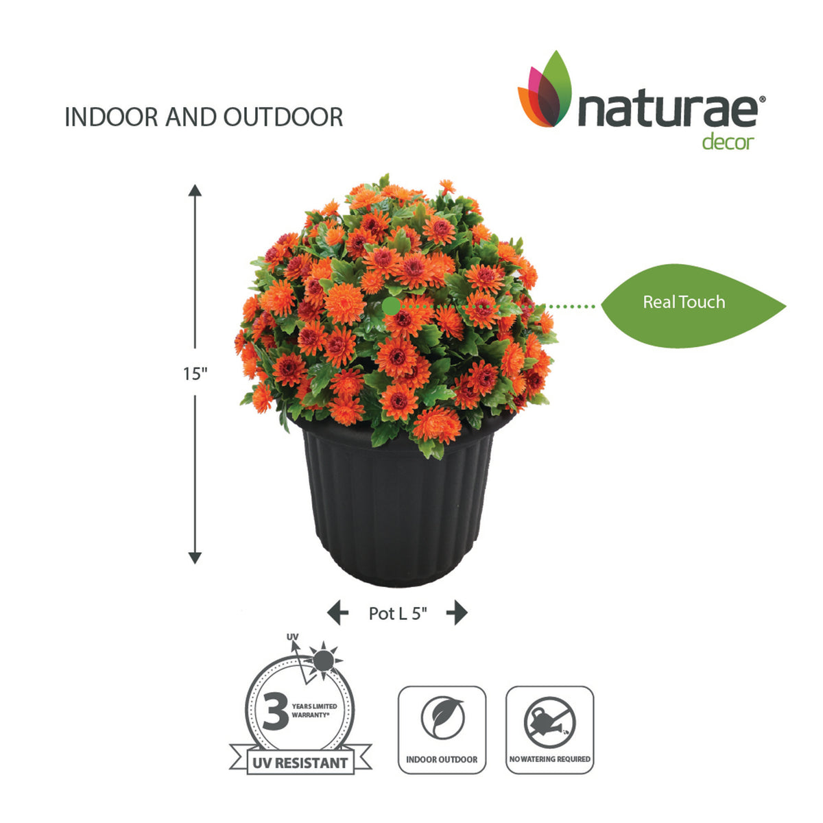 Jardinière de chrysanthème orange artificielle, 15"