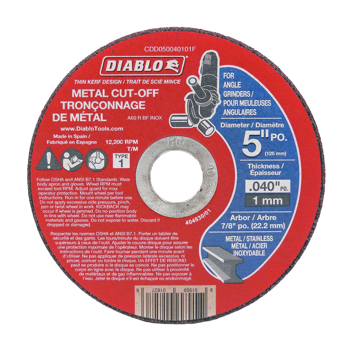 Disque de tronçonnage Diablo pour le métal de 5&quot; x 0.040&quot;, arbre de 7/8&quot;