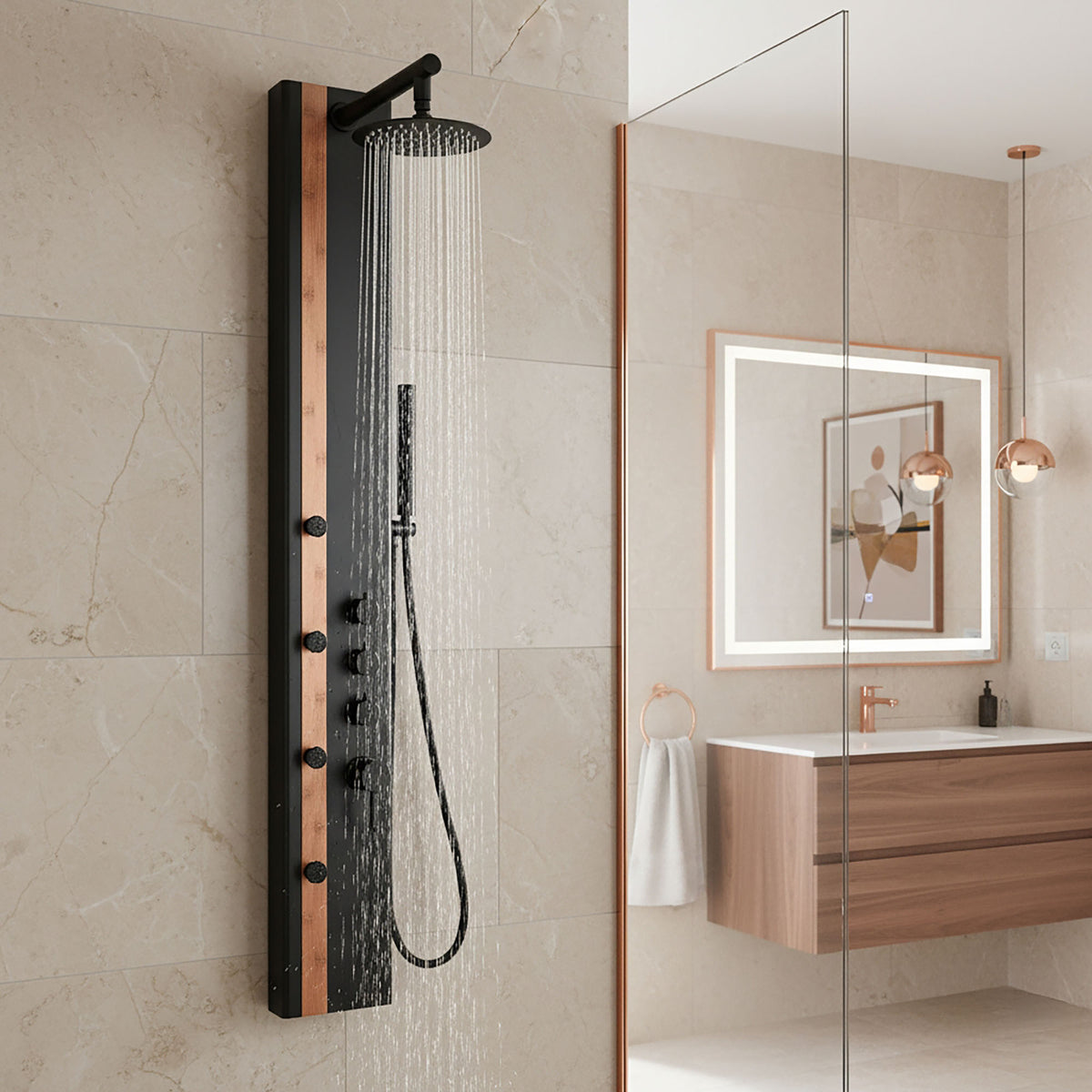 Colonne de douche noir mat avec finition en bambou en acier inoxydable, 18,35'' x 7,87" x 55,11"