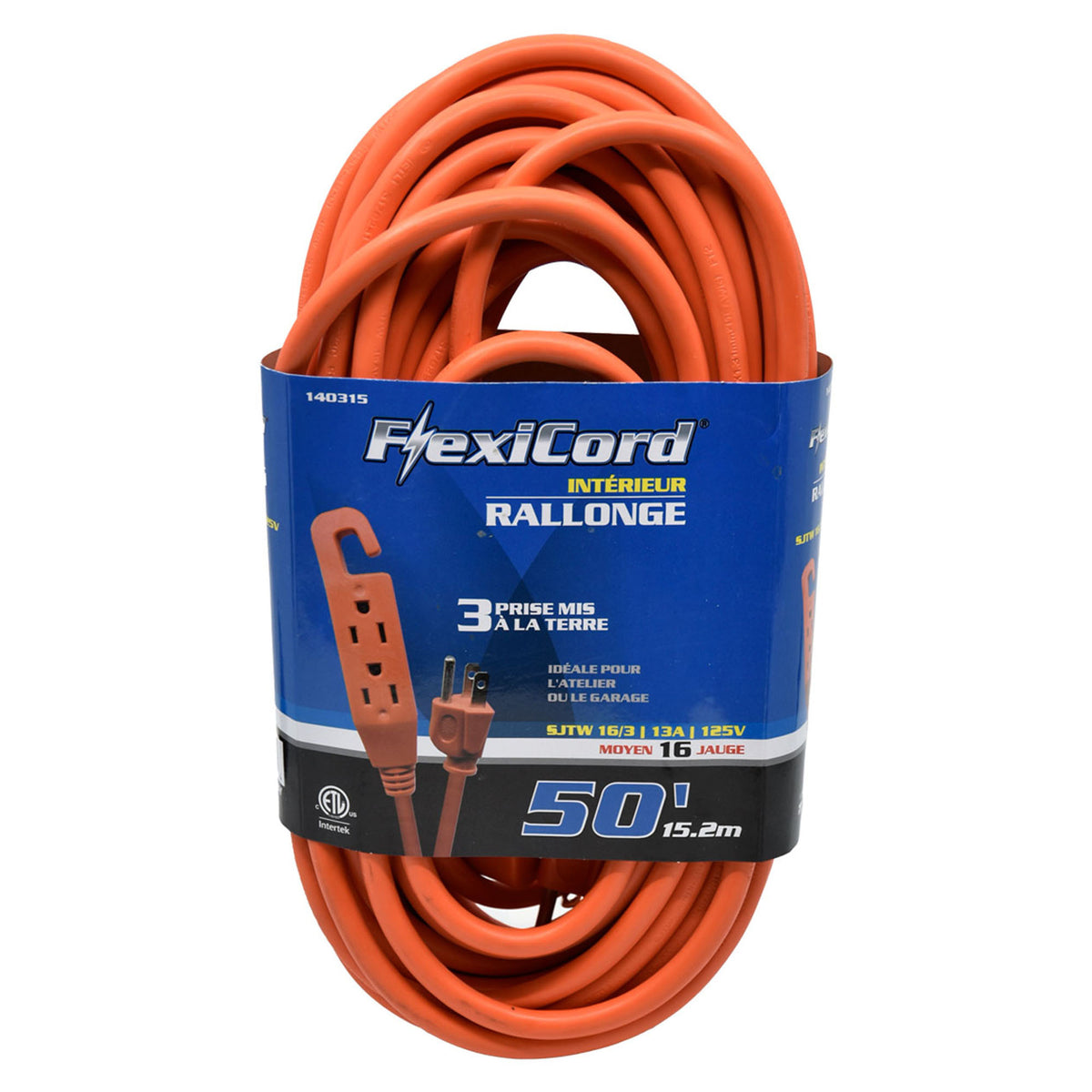 Rallonge électrique d'intérieure SJTW 16/3 à 3 prises, 50' (orange)