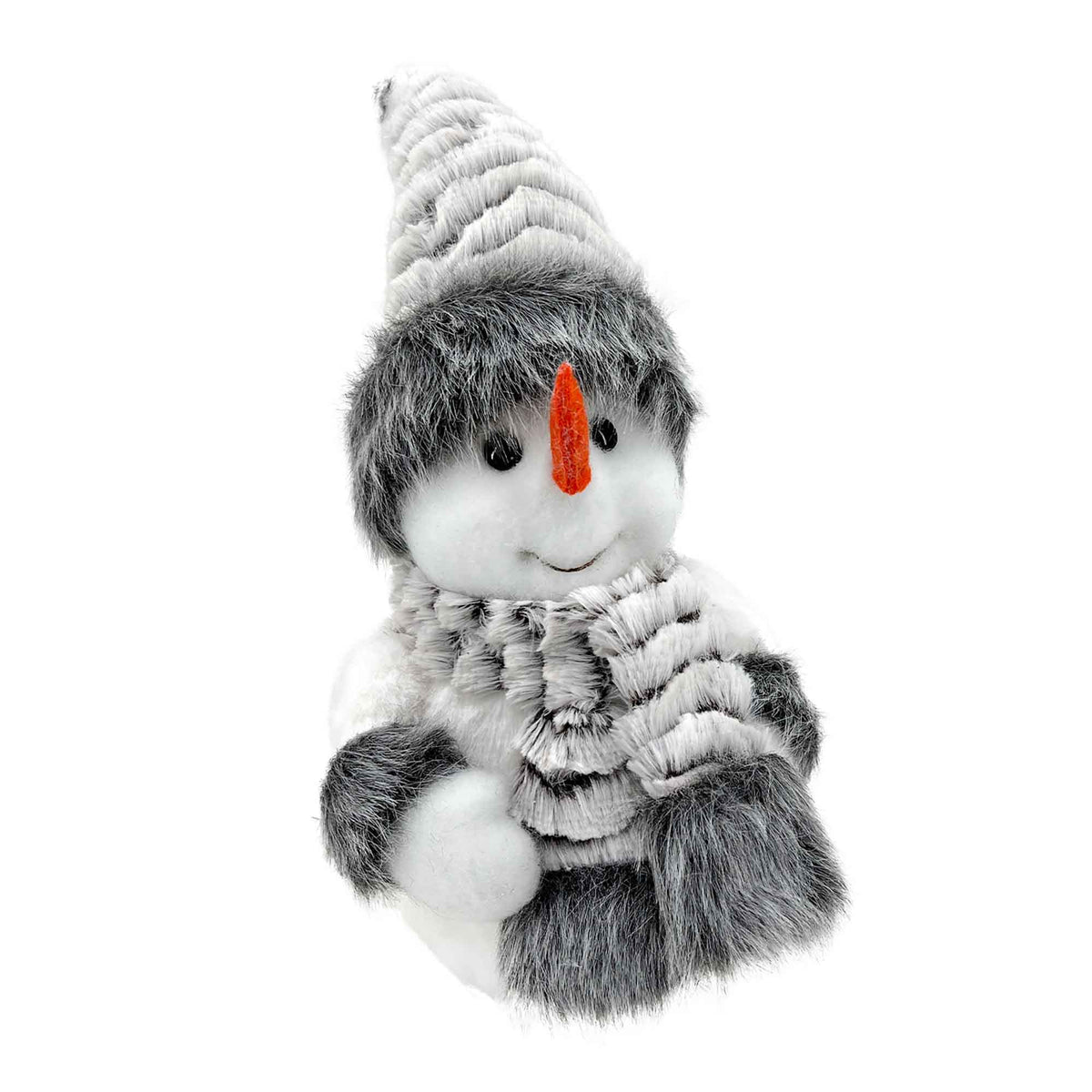 Bonhomme de neige avec chapeau et écharpe de fourrure en blanc et gris, 10,5&quot;