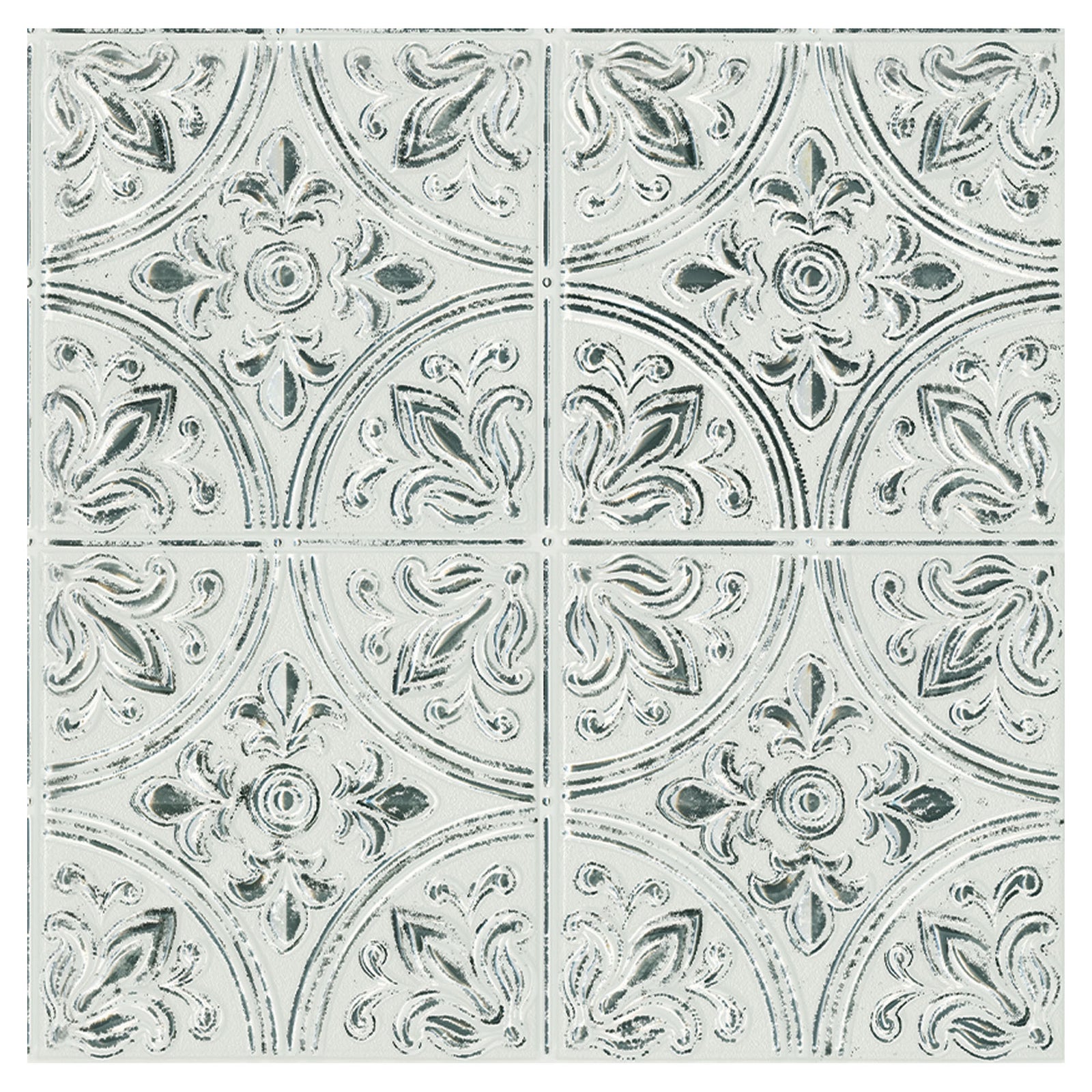 Faux carreaux métalliques texturés autocollants Chelsea au fini blanc cassé antique, 10" x 10" (4 unités)