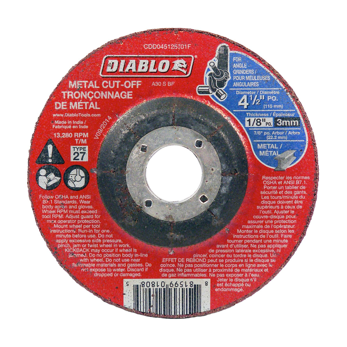 Disque de tronçonnage Diablo pour le métal de 4-1/2&quot; x 1/8&quot;, arbre de 7/8&#39;&#39;