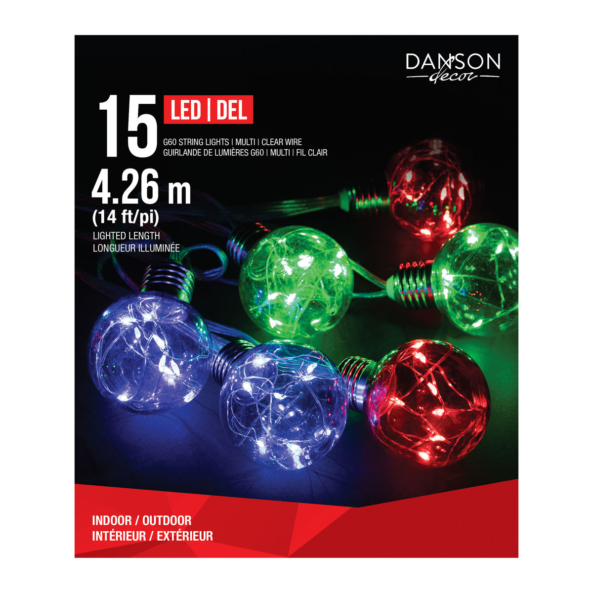 Guirlande de 15 lumières G60 avec 8 micropoints DEL dans chaque globe clair de 14' (4,26 m), multicolore