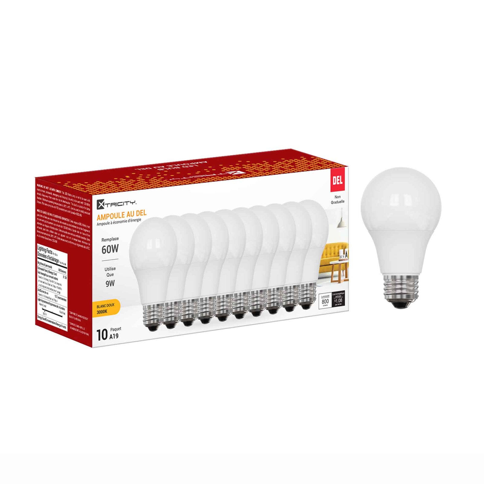 Ampoule DEL A19 à économie d'énergie de 9 W, blanc doux (10 unités)