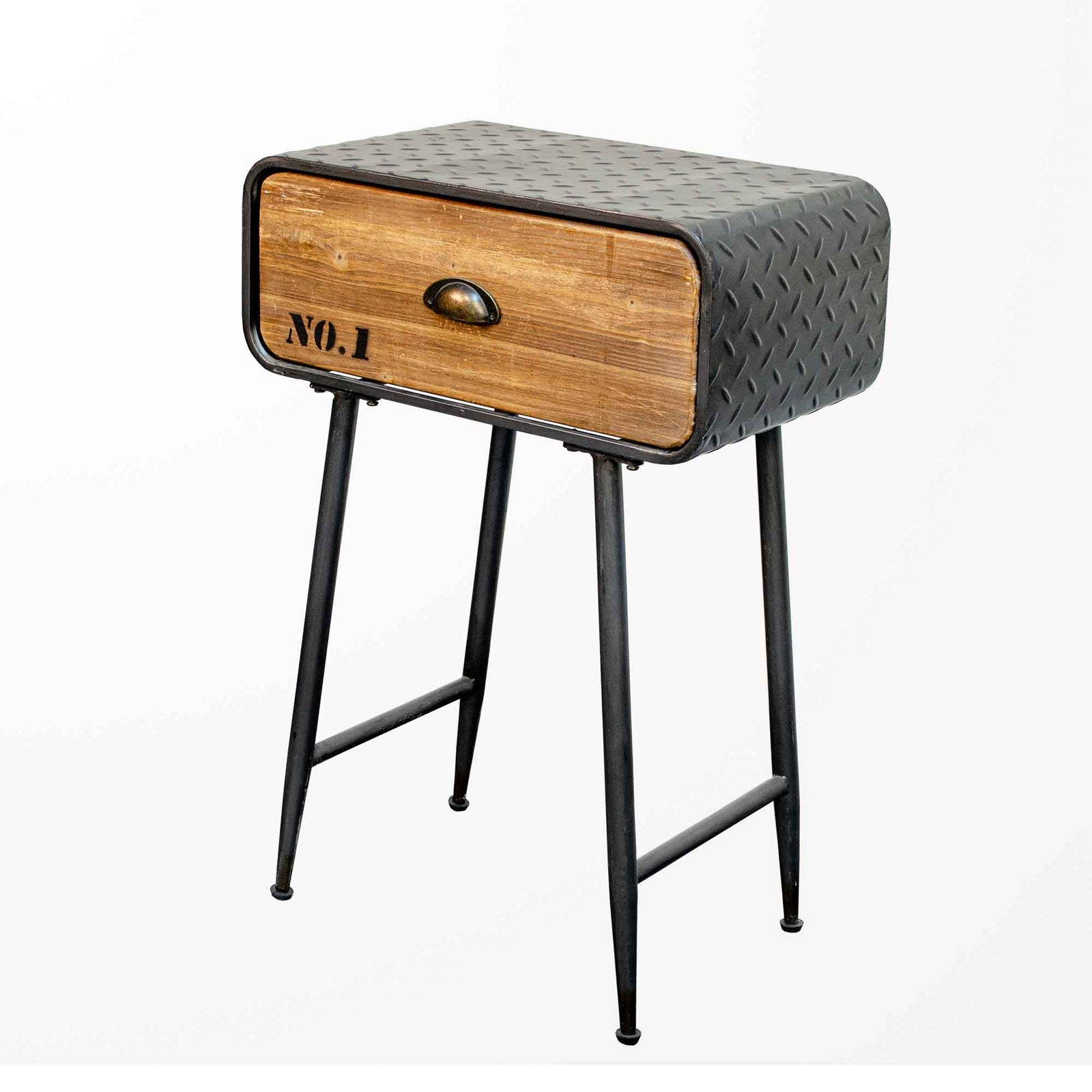 Table d'appoint à 1 tiroir, en métal gaufré et bois