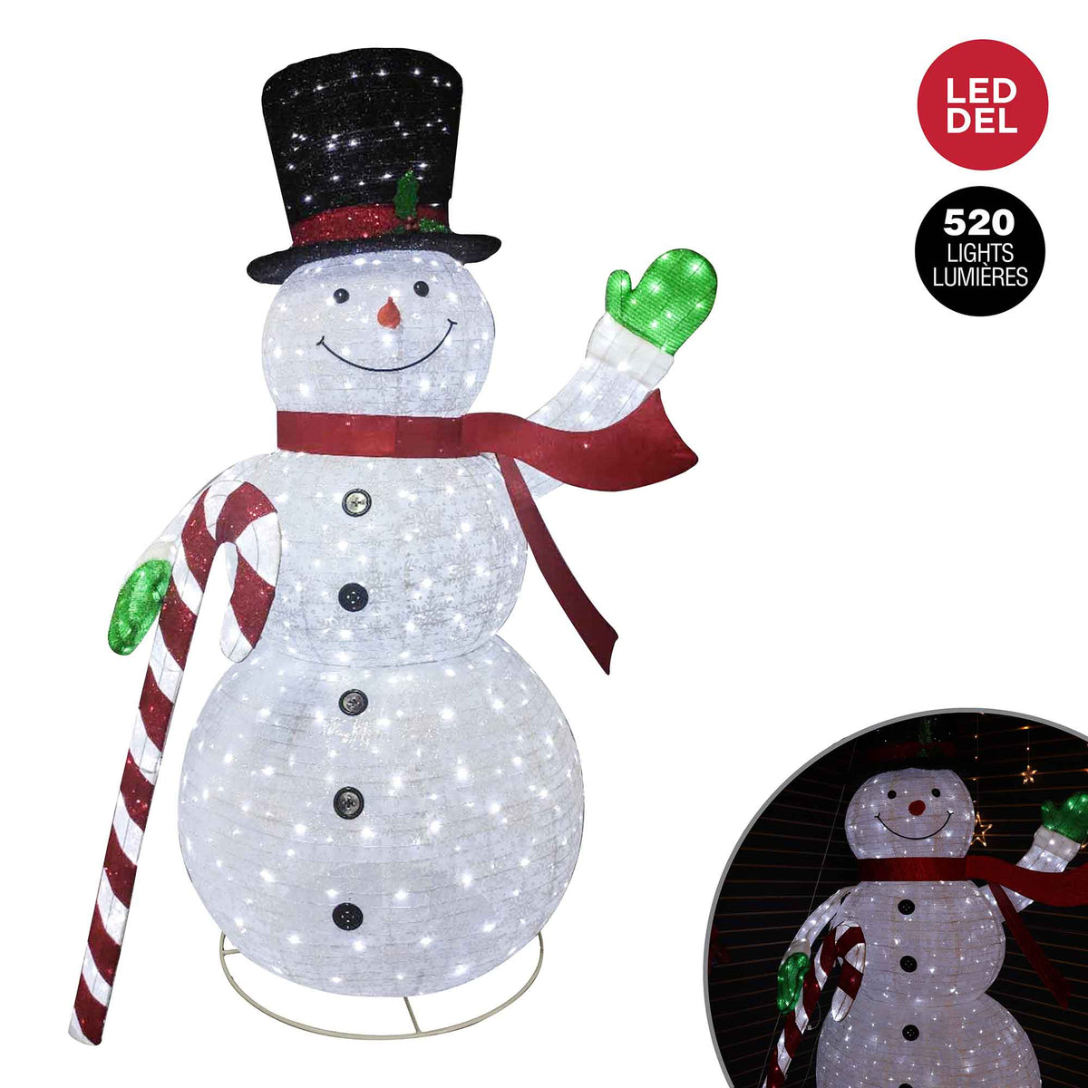 Bonhomme de neige lumineux avec canne de bonbon, 9'