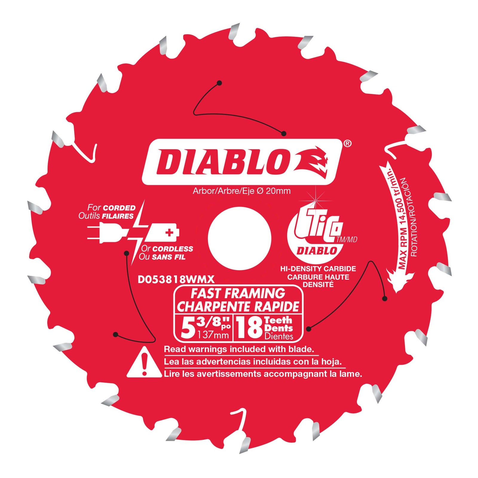 Lame circulaire Diablo de 5-3/8" à 18 dents et multibague