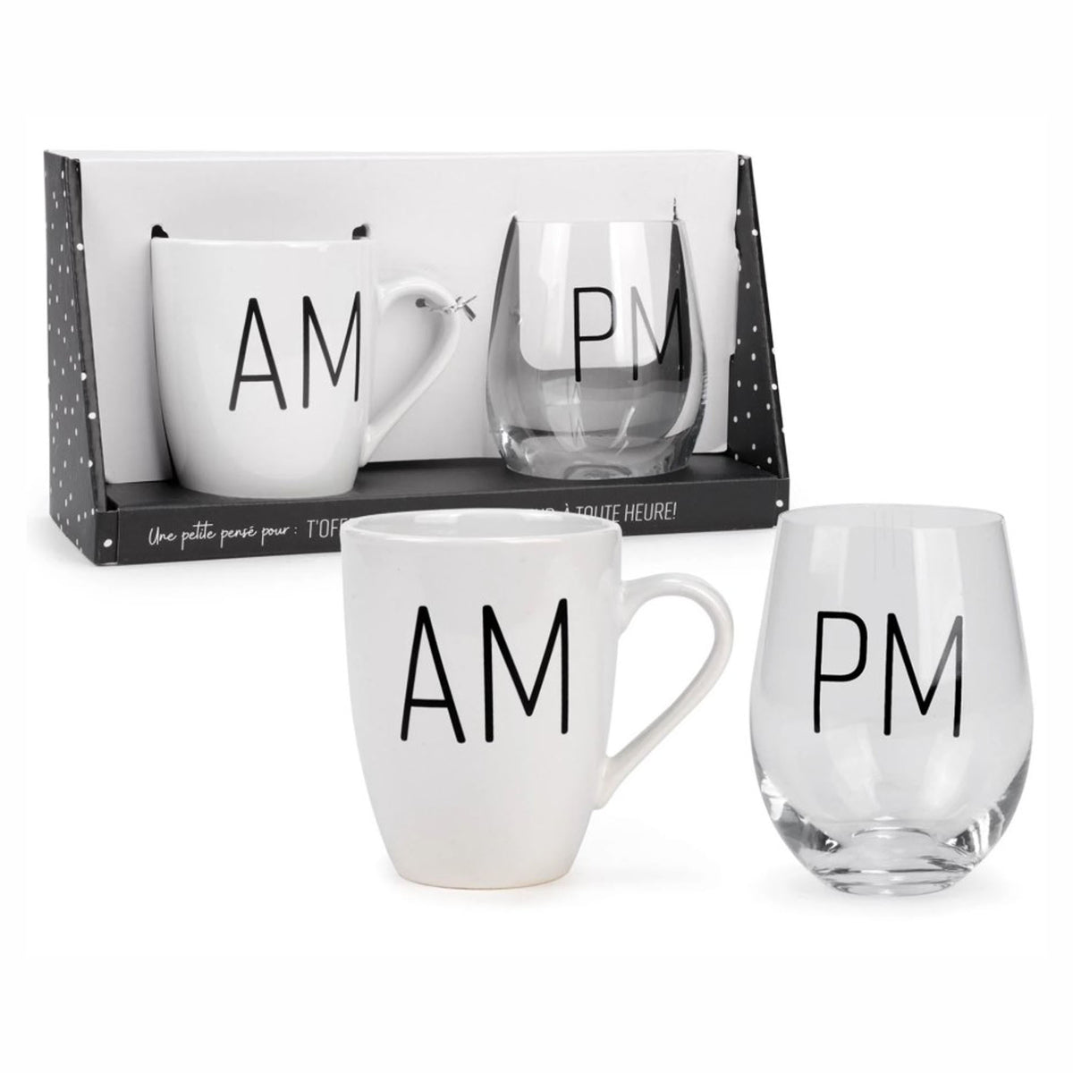 Ensemble d’une tasse et d’un verre à vin avec inscription ''AM'' et ''PM''