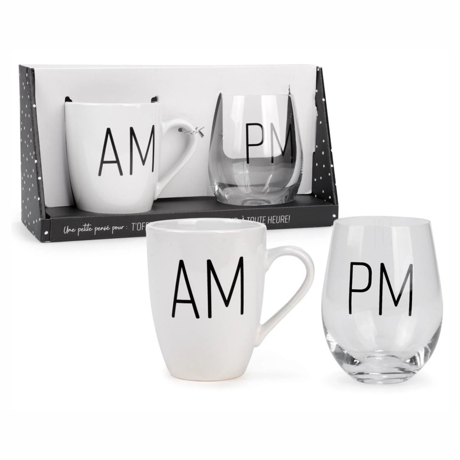 Ensemble d’une tasse et d’un verre à vin avec inscription ''AM'' et ''PM''