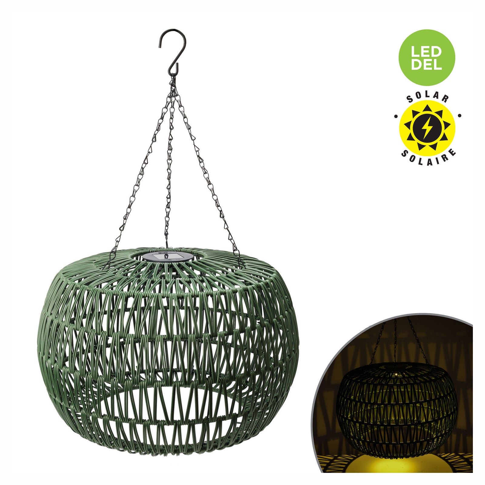 Lampe solaire suspendue avec abat-jour en rotin vert, 11,81" (30 cm)