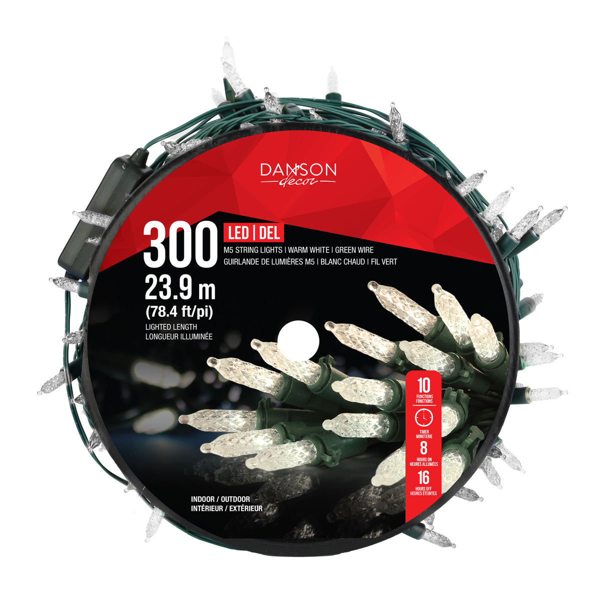 Guirlande de 300 lumières DEL M5 sur fil vert de 78,4' (23,9 m), blanc chaud 