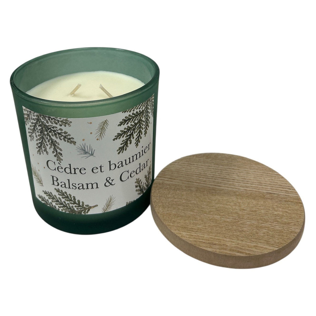 Bougie en pot en verre parfumée avec couvercle en bois, cèdre et baumier