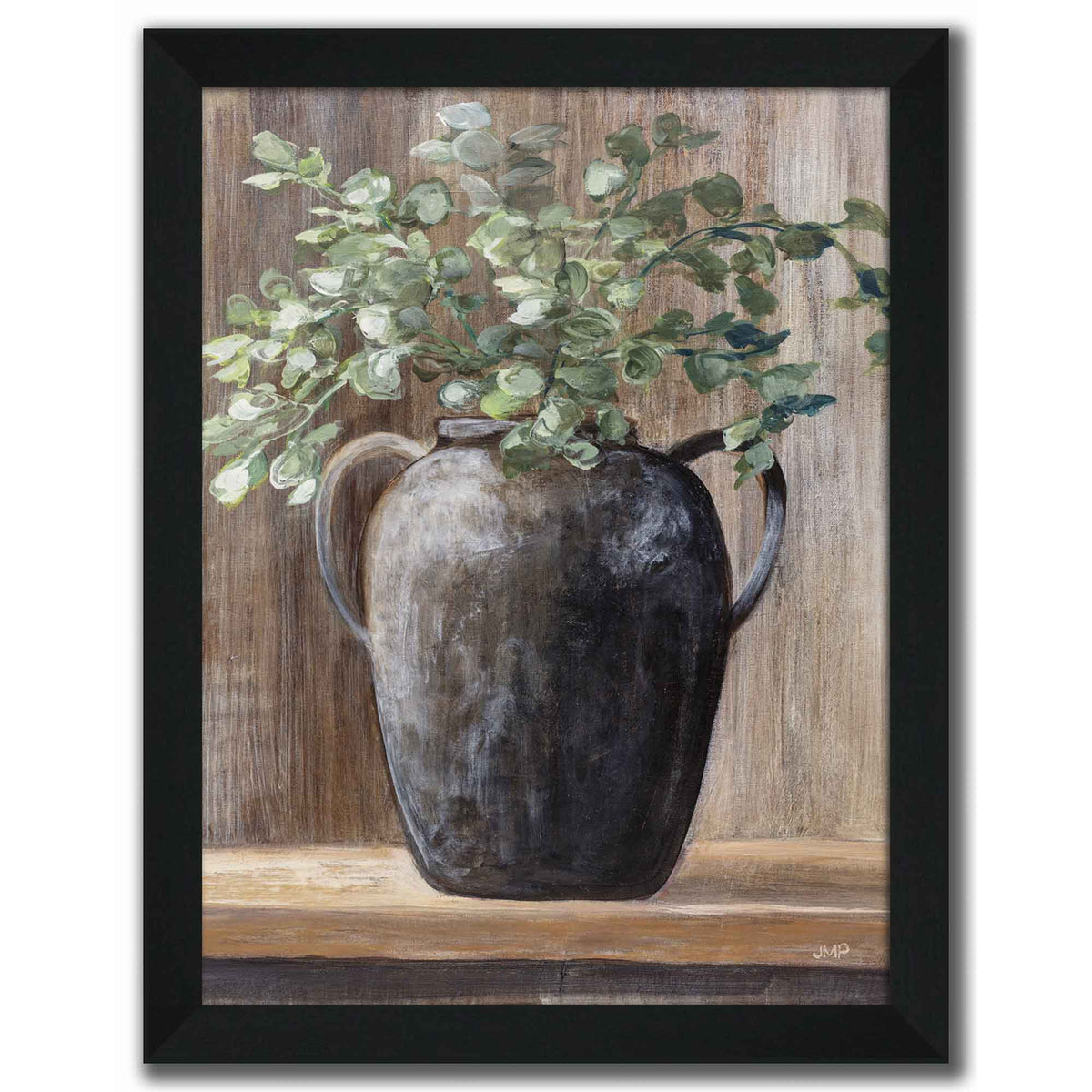 Toile avec vitre et cadrage vase avec herbes, 12'' x 16''