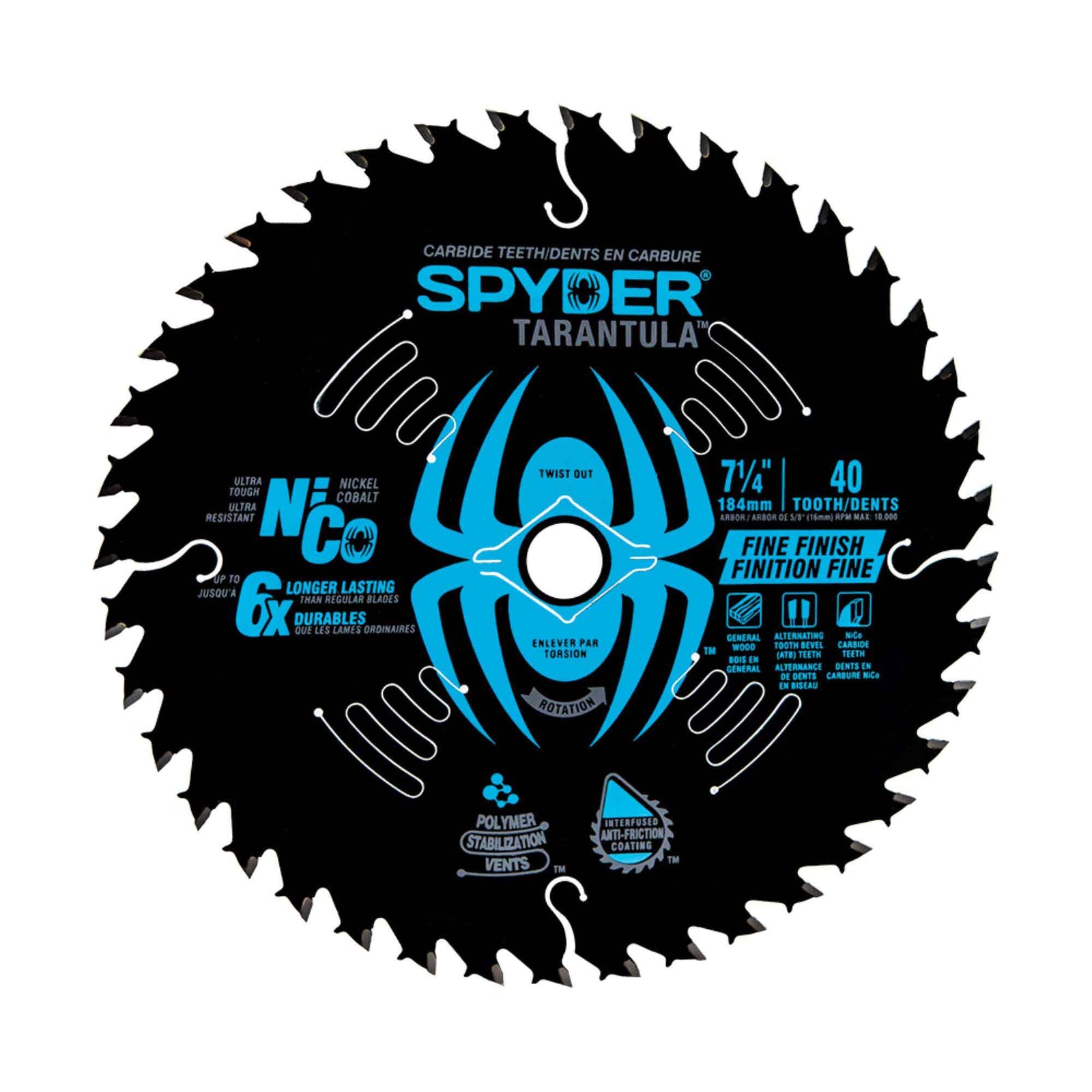 Lame de scie circulaire Tarantula pour la finition avec 40 dents en acier au carbure de tungstène, 7-1/4"