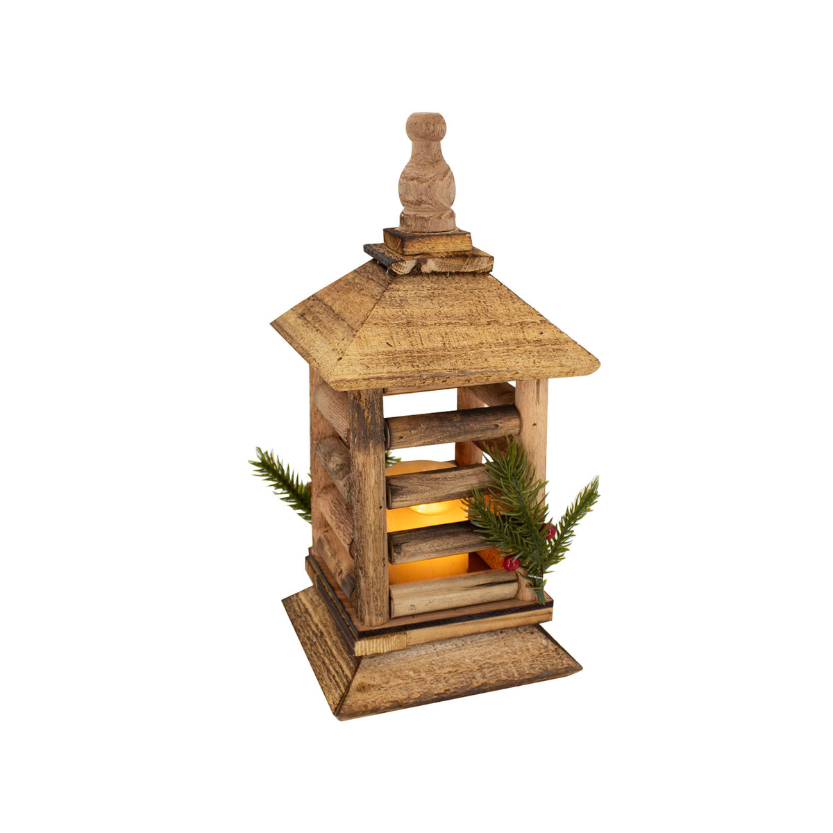 Lanterne de Noël en bois naturel avec chandelle DEL à piles et minuterie, 13''