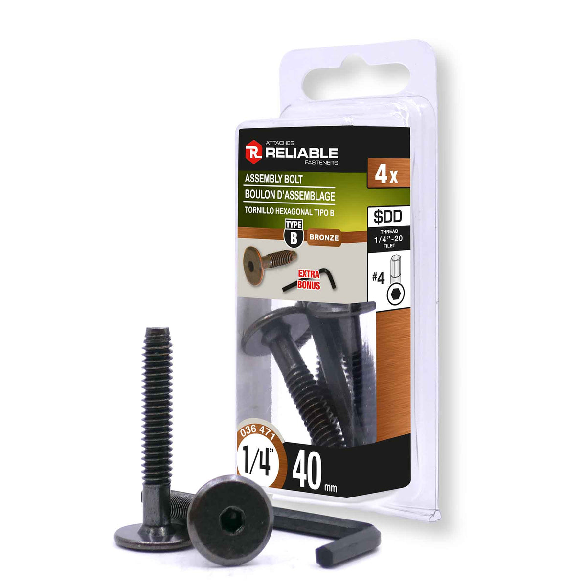 Boulon d'assemblage de Type JCB, 1/4'' x 40 mm (bronze huilé et clé hexagonale) - 4 unités