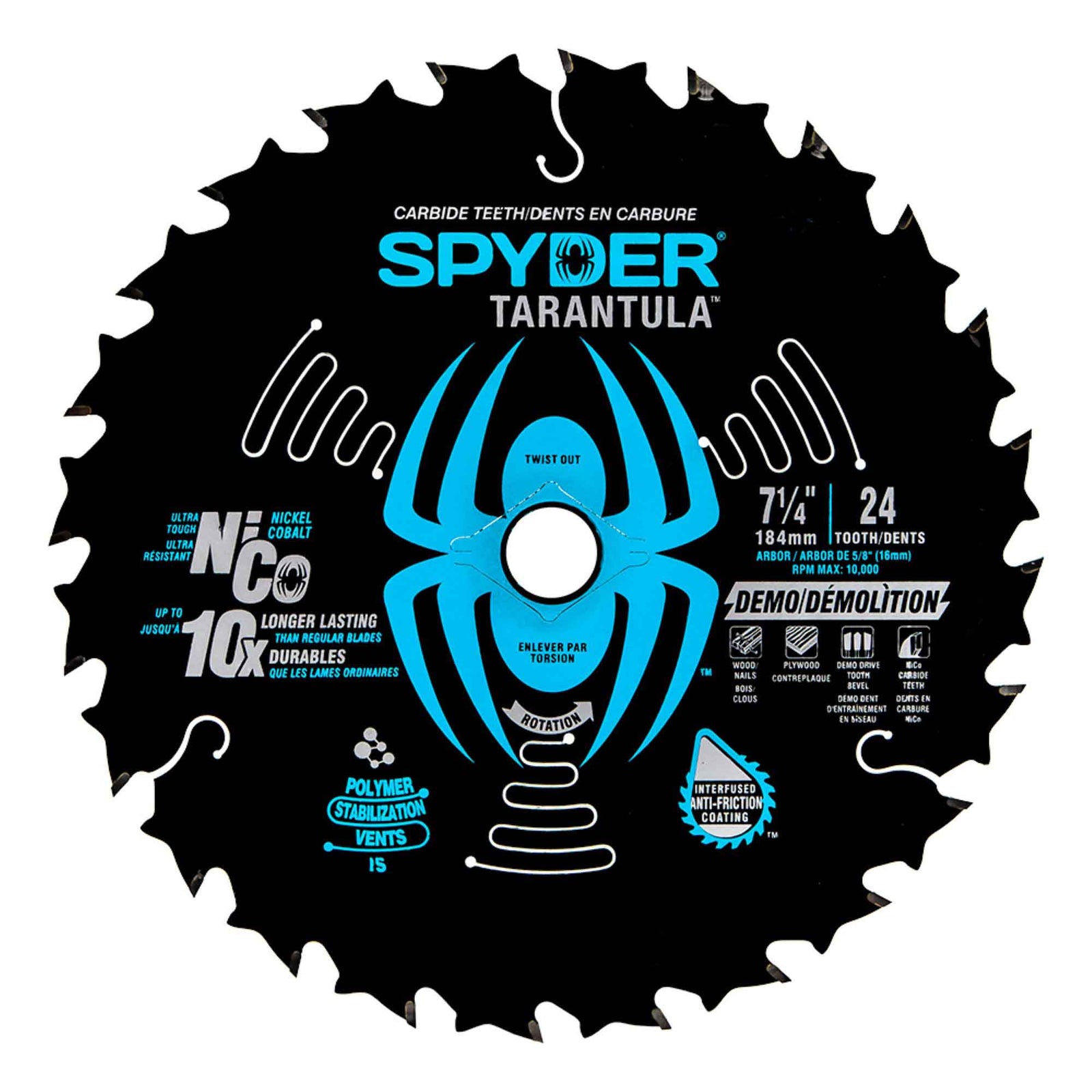 Lame de scie circulaire Tarantula pour la démolition avec 24 dents en acier au carbure de tungstène, 7-1/4"
