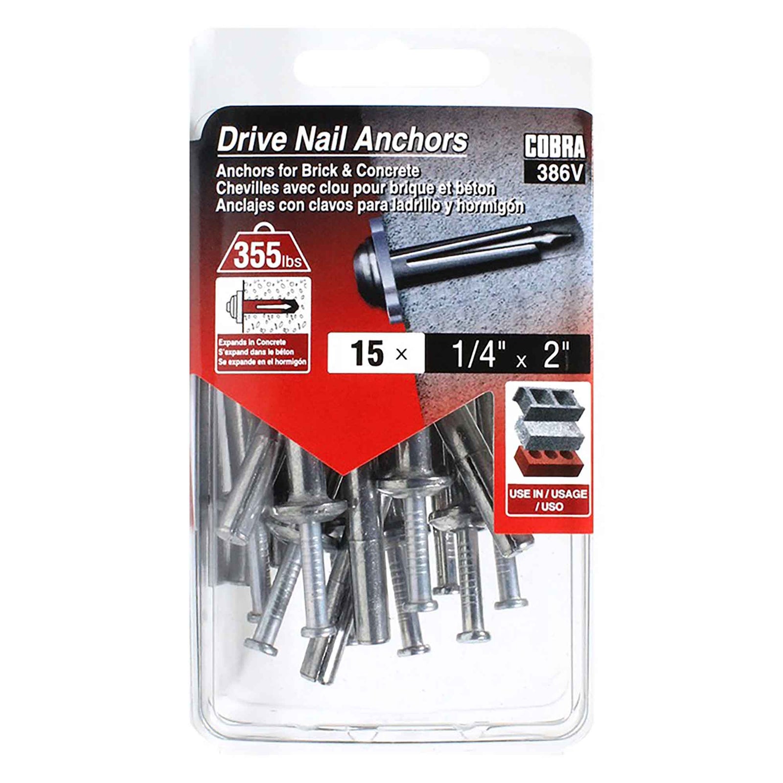 Chevilles en zinc avec clou à tête plate, 1/4" x 2" (15 unités)