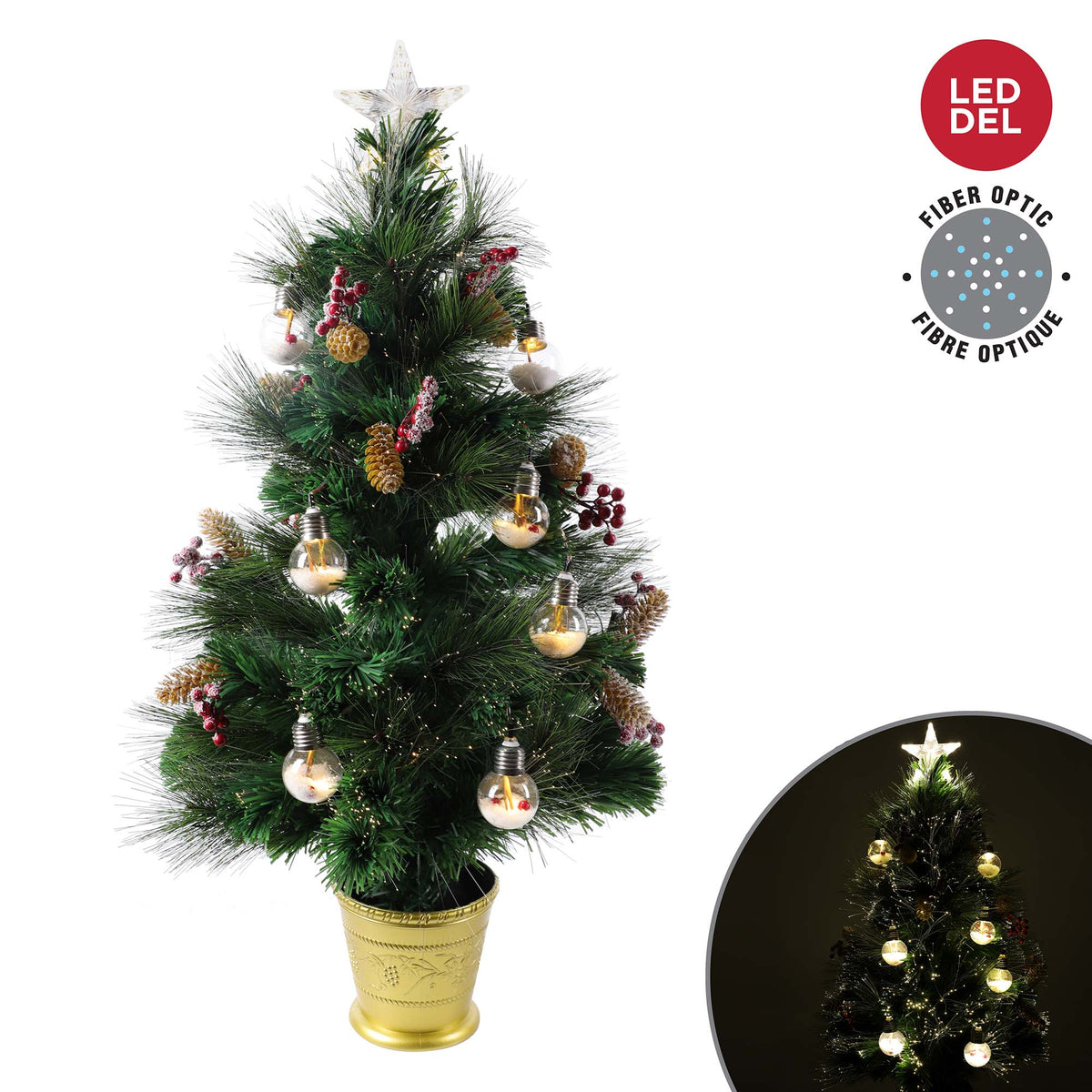 Sapin de Noël en fibre optique avec boules illuminées à DEL et ornements, 3&#39;