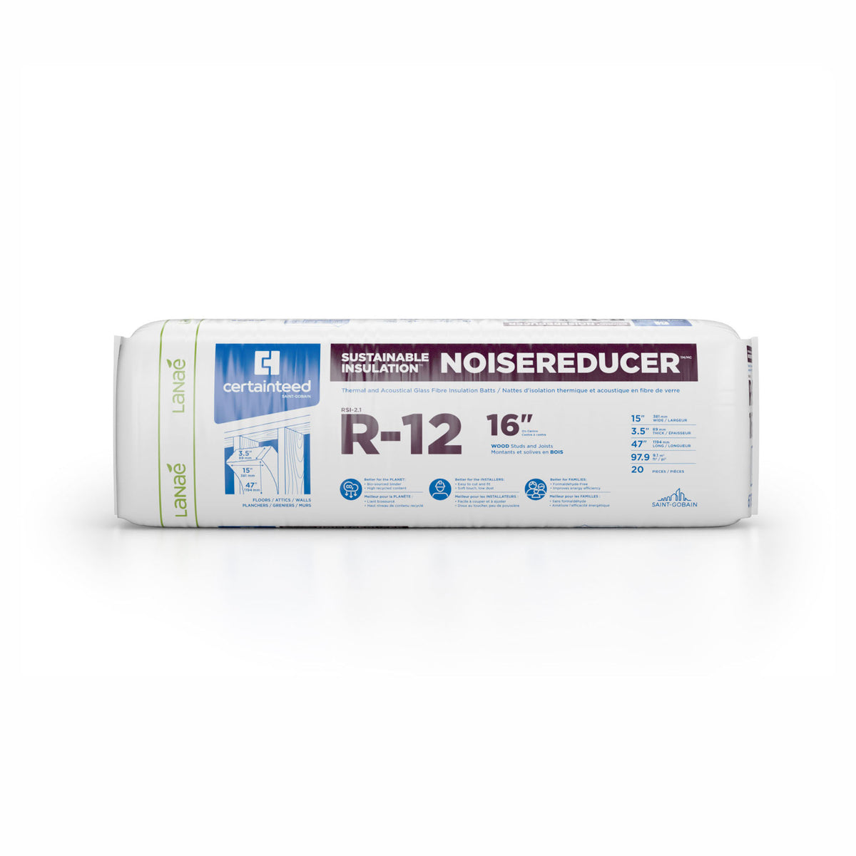 Laine d’isolation thermique et acoustique en fibre de verre R12, 3-1/2" x 15" x 47" (97,9 pi²)
