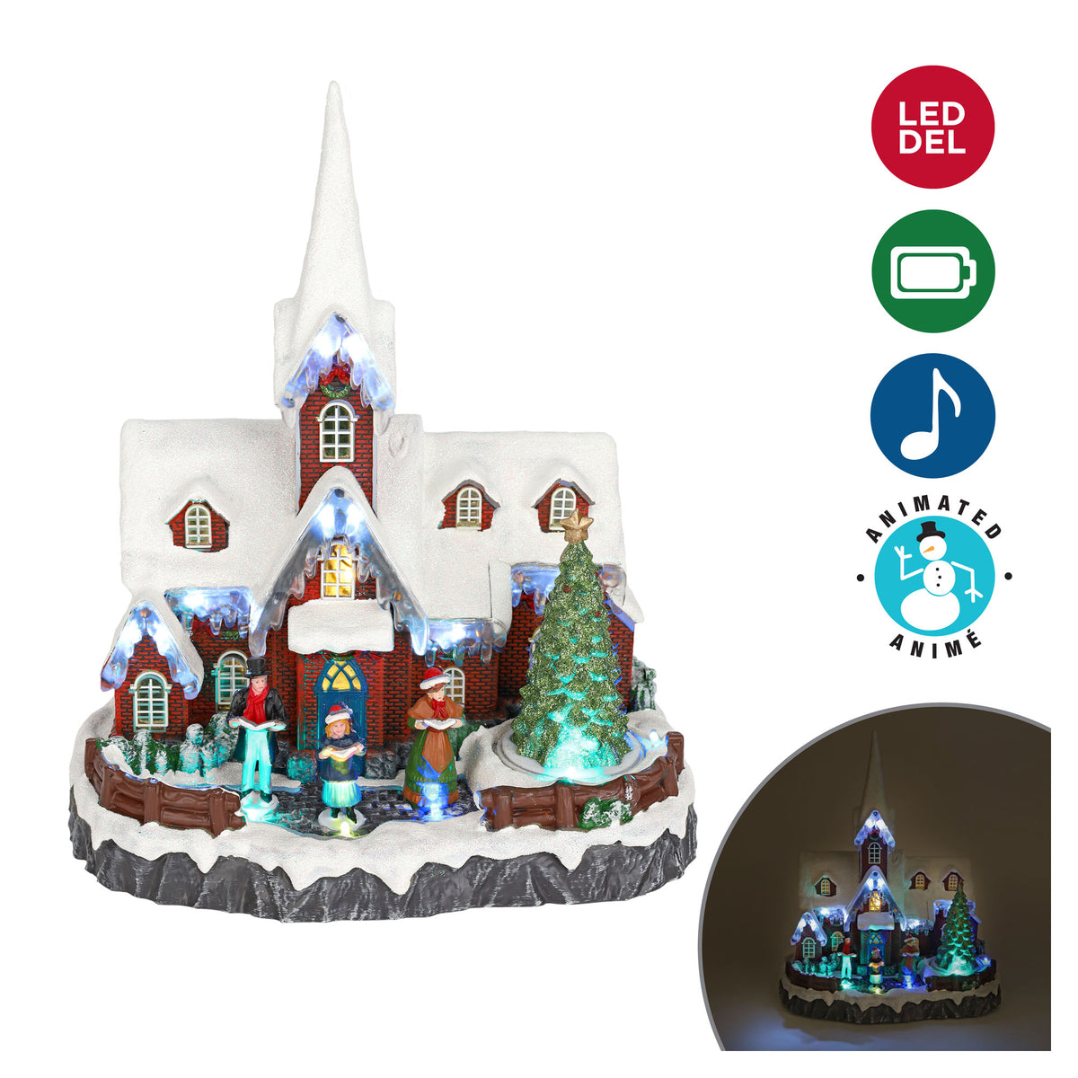 Scène lumineuse à DEL en résine animée et musicale de Noël avec église, chanteurs et sapin, 10'' x 8'' x 12''