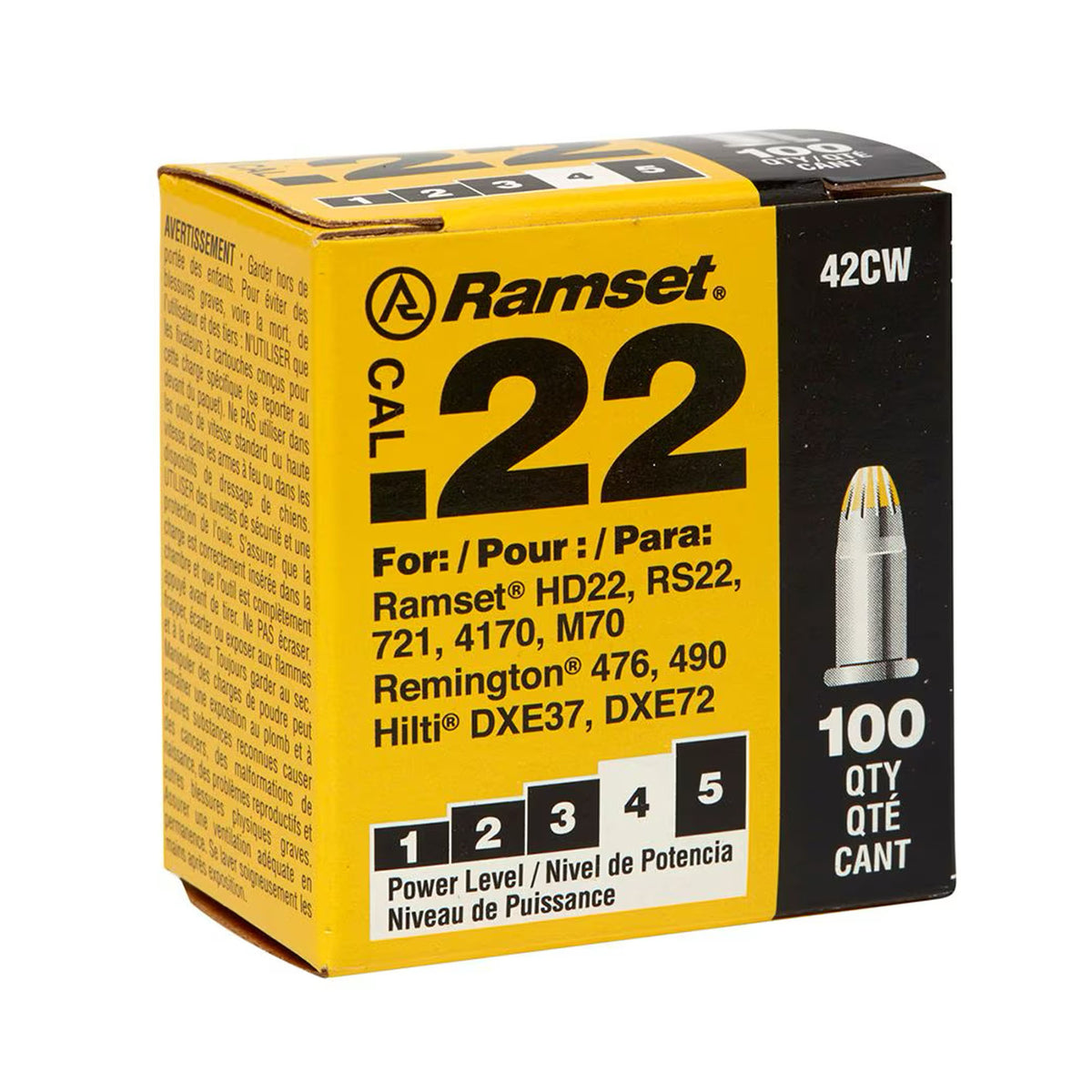 Cartouche coup simple jaune calibre .22, 100 unités