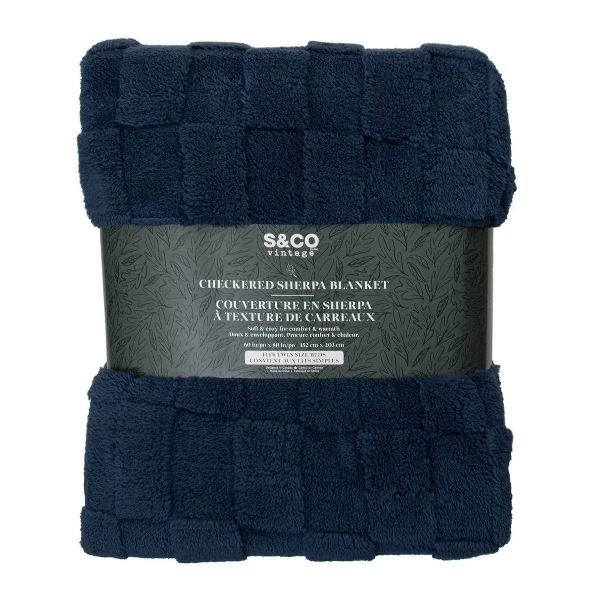 Jeté en sherpa à texture de carreaux, 60'' x 80'' (denim foncé)