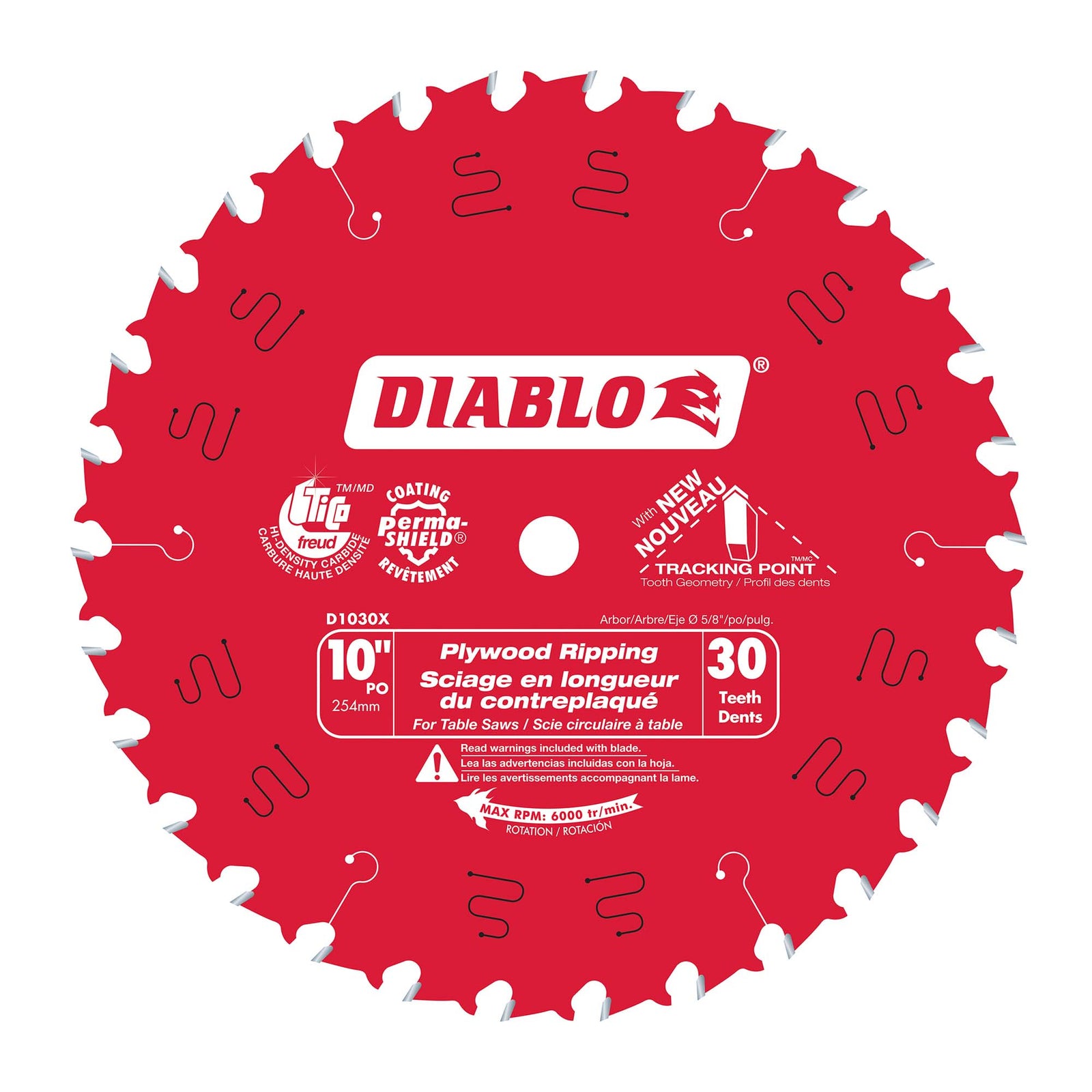 Lame circulaire Diablo pour contre-plaqué de 10" à 30 dents, tige de 5/8"