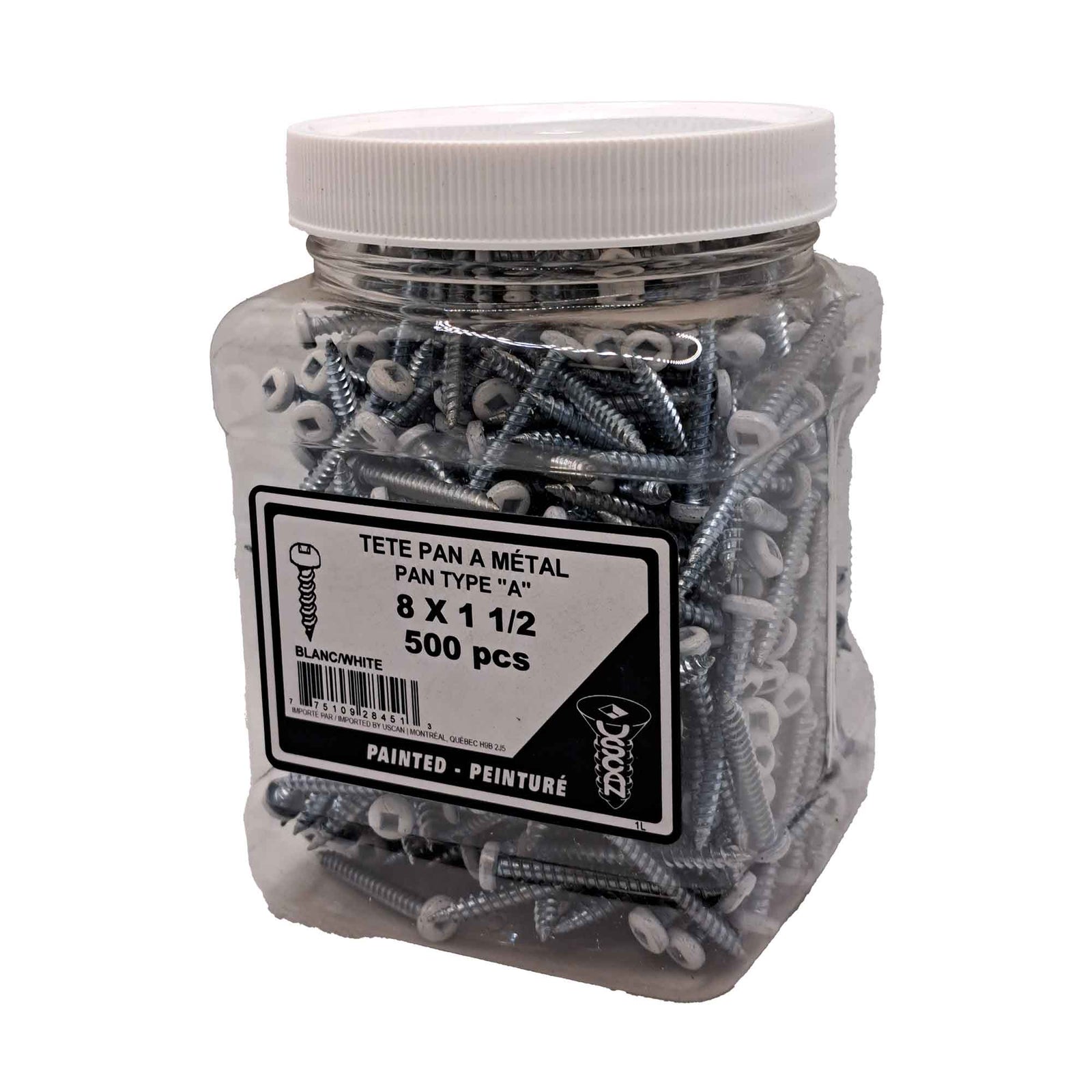 Vis pour métal à tête ronde de couleur blanche, #8 x 1-1/2" (pot de 500 unités)