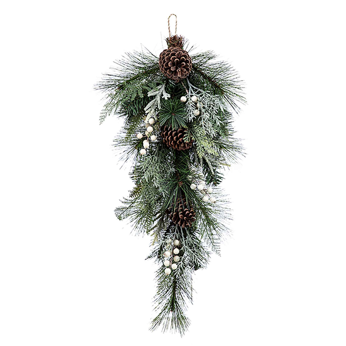 Couronne de pin mixte en forme de larme avec baies blanches et cocottes, 28" (71 cm)