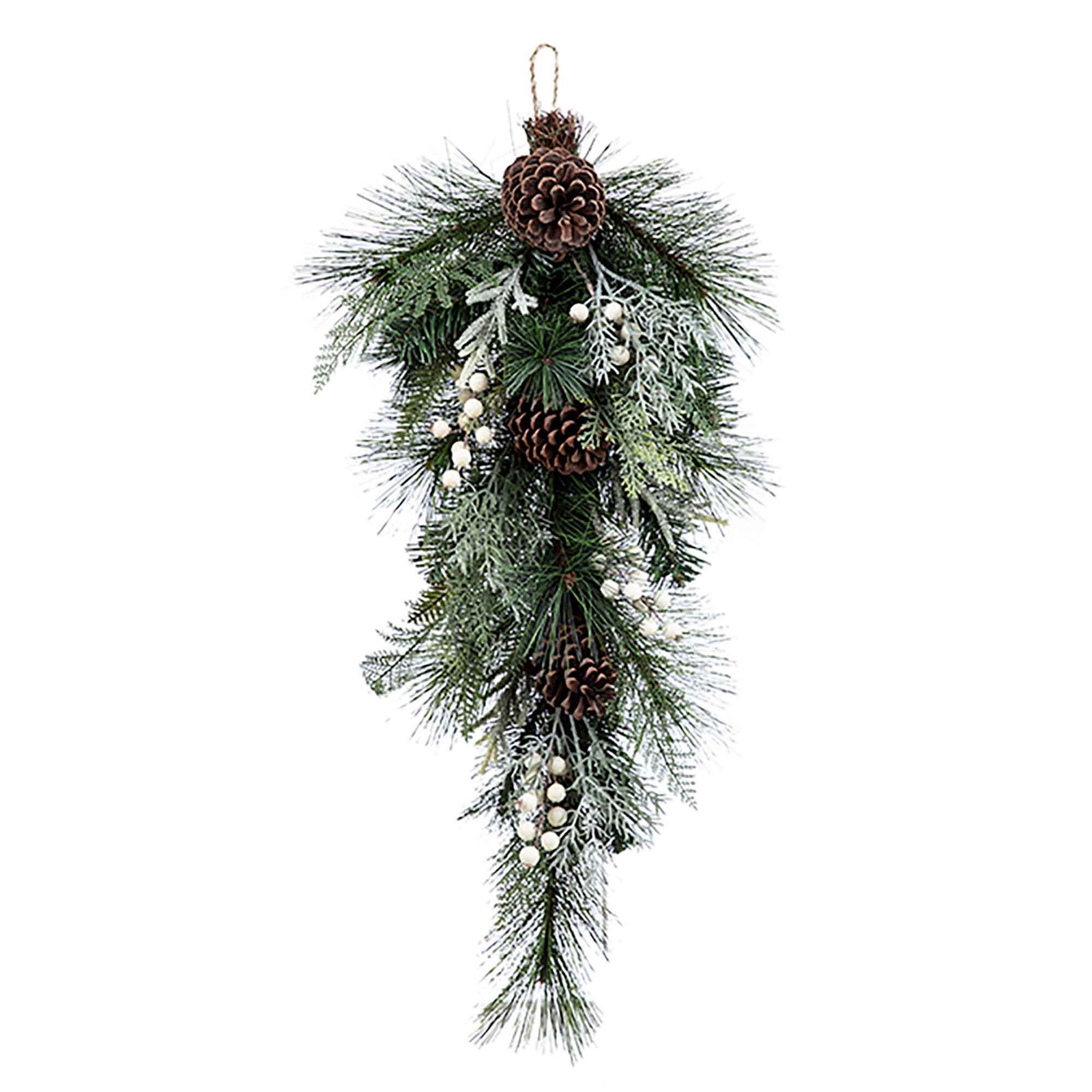 Couronne de pin mixte en forme de larme avec baies blanches et cocottes, 28" (71 cm)