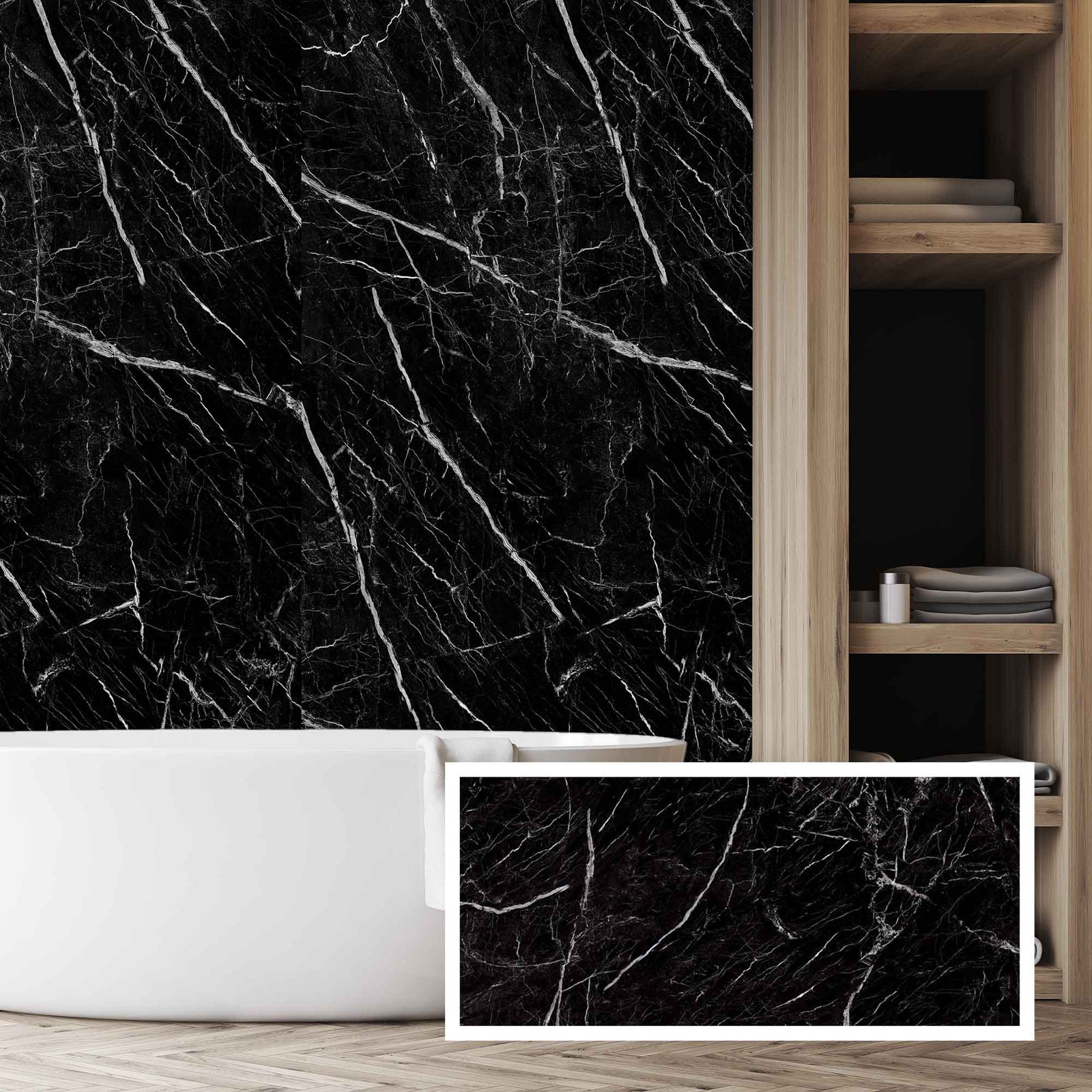 Panneau décoratif mural au design marbré ultra-lustré noir, 47-1/4" x 96"