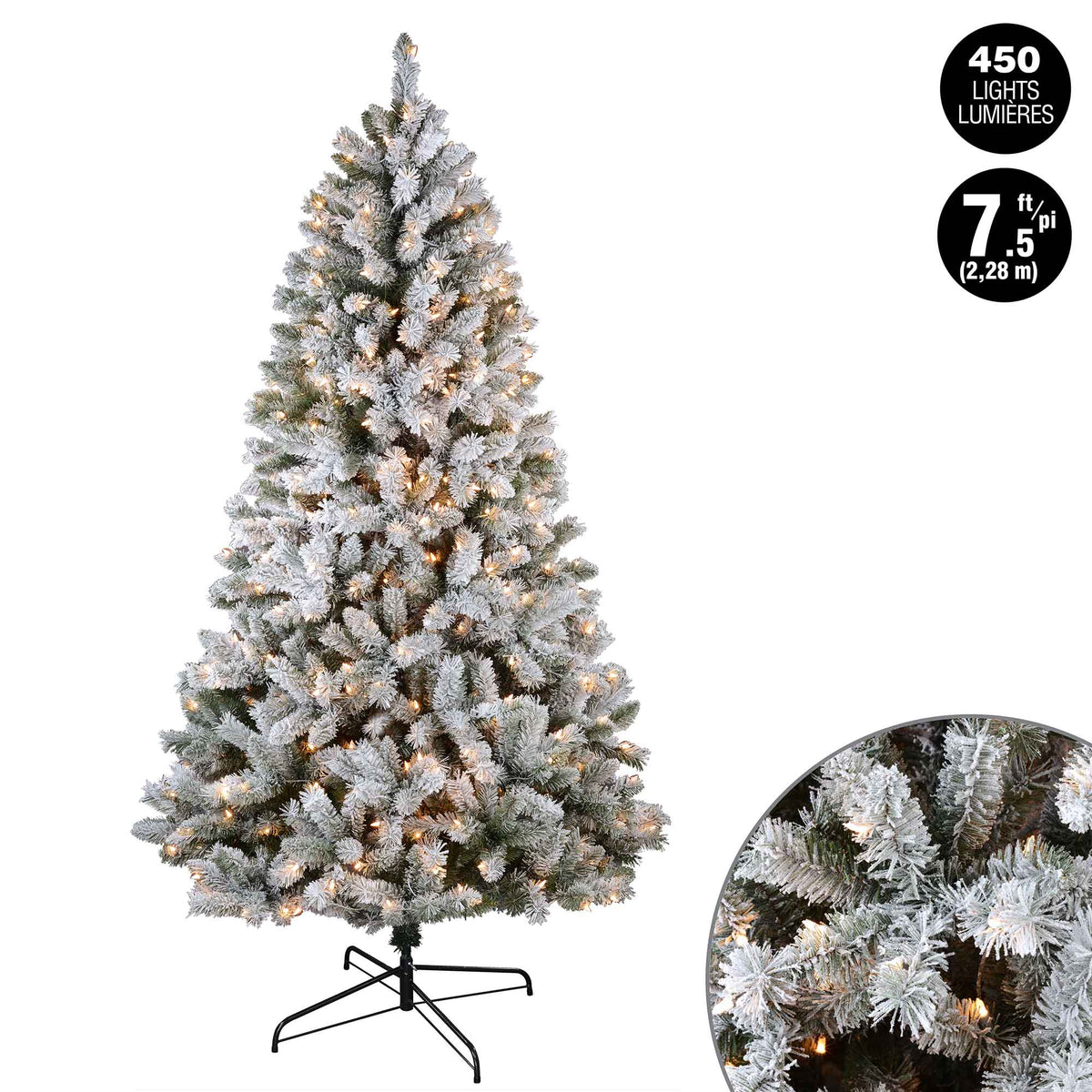 Sapin de Noël Whistler floqué à 450 mini lumières incandescentes claires avec 1 002 pointes, 7,5&#39; (2,28 m)