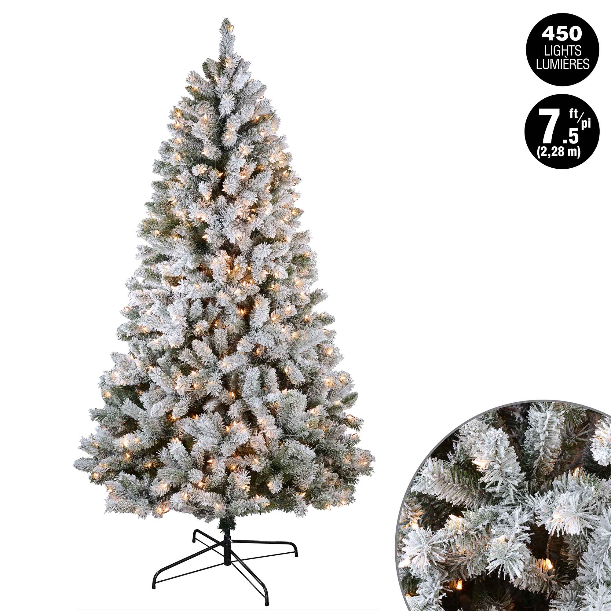 Sapin de Noël Whistler floqué à 450 mini lumières incandescentes claires avec 1 002 pointes, 7,5' (2,28 m)