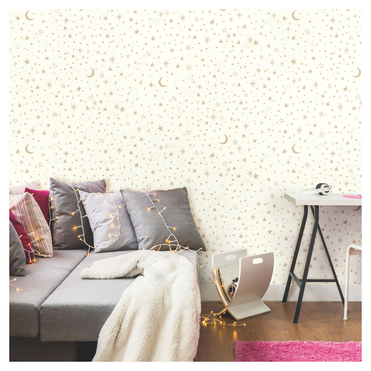 Papier peint autocollant Twinkle Little Star, 20,5" x 16,5' (blanc et doré)