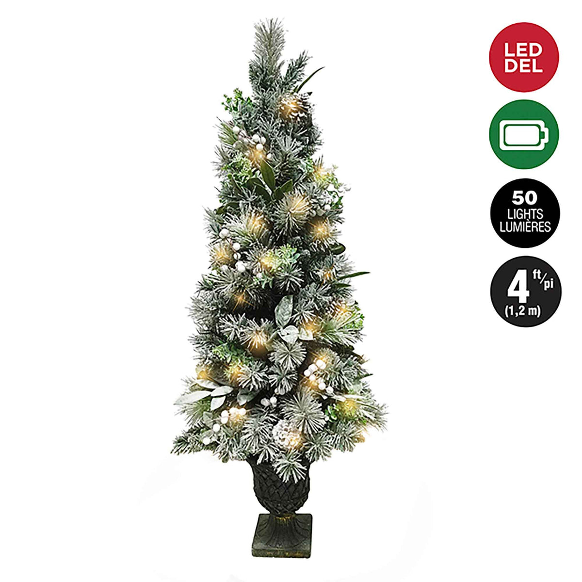 Sapin givré et pré-éclairé en pot de 50 lumières avec baies blanches, 4' (1,2 m)