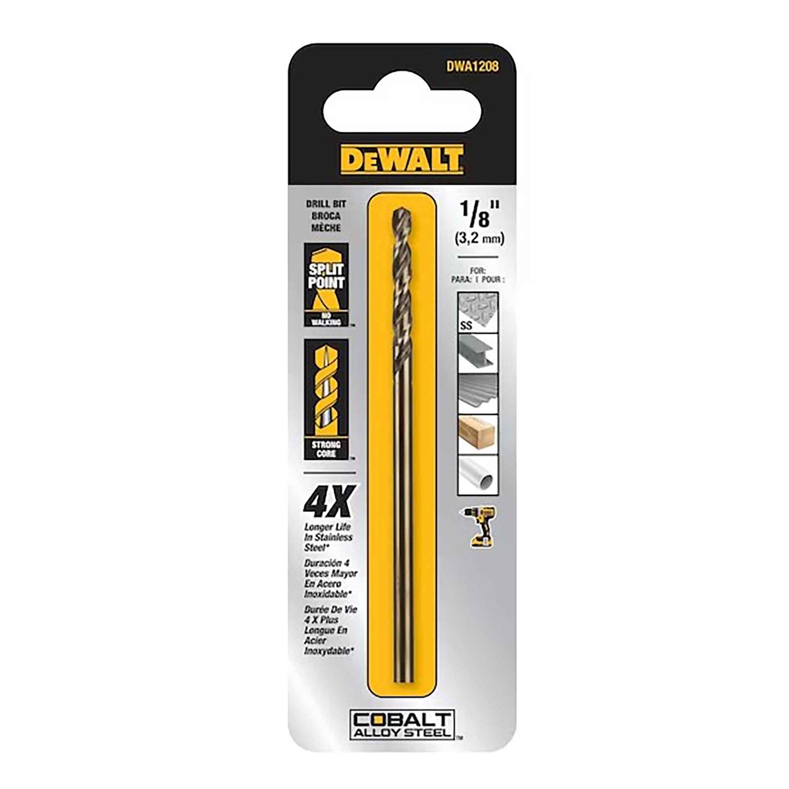 Mèche industrielle en acier allié cobalt avec Pilot Point, 1/8"