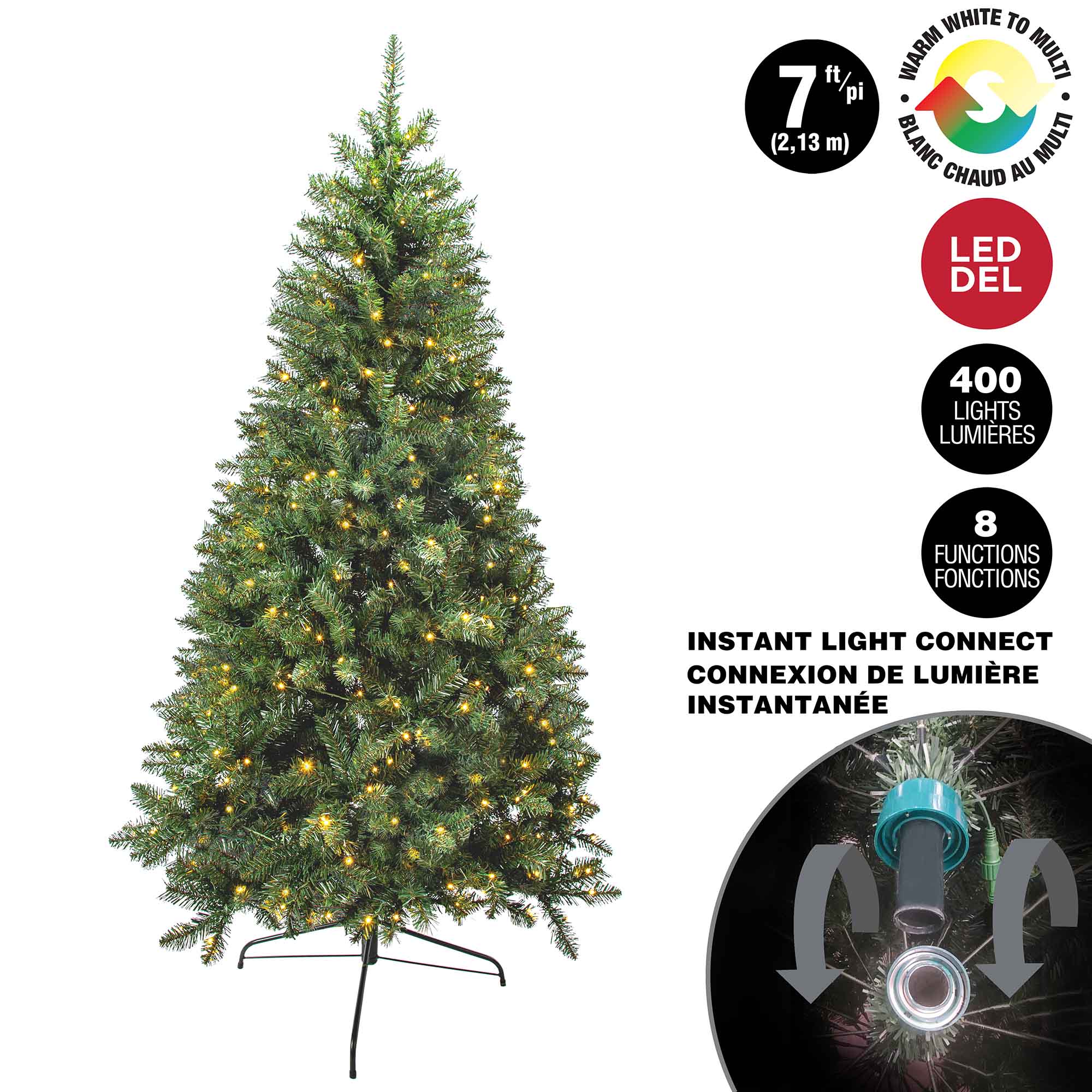 Sapin de Noël noble à 400 lumières DEL 5 mm duo-couleurs avec 8 fonctions, connexion instantanée et 1 118 pointes, 7' (2,13 m)