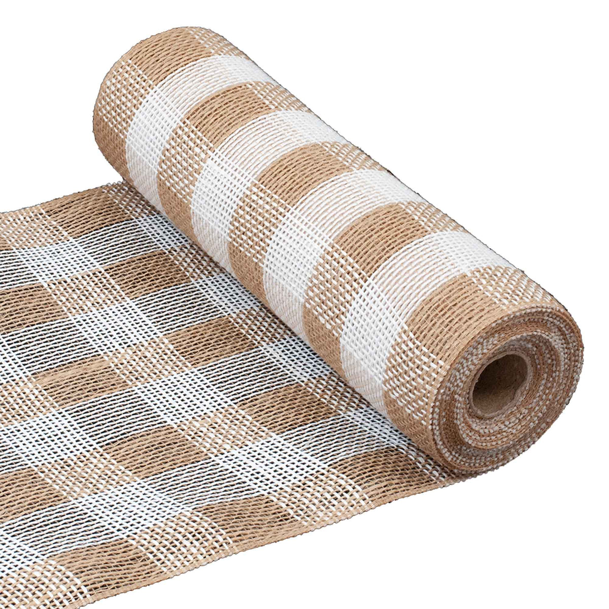 Ruban décoratif à aspect de toile en jute de 10,5" x 10 verges, carreaux naturels et blancs