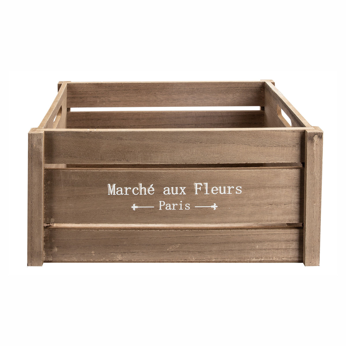 Caisse de rangement d'aspect bois naturel avec inscription ''Marché aux Fleurs -Paris-'', moyen