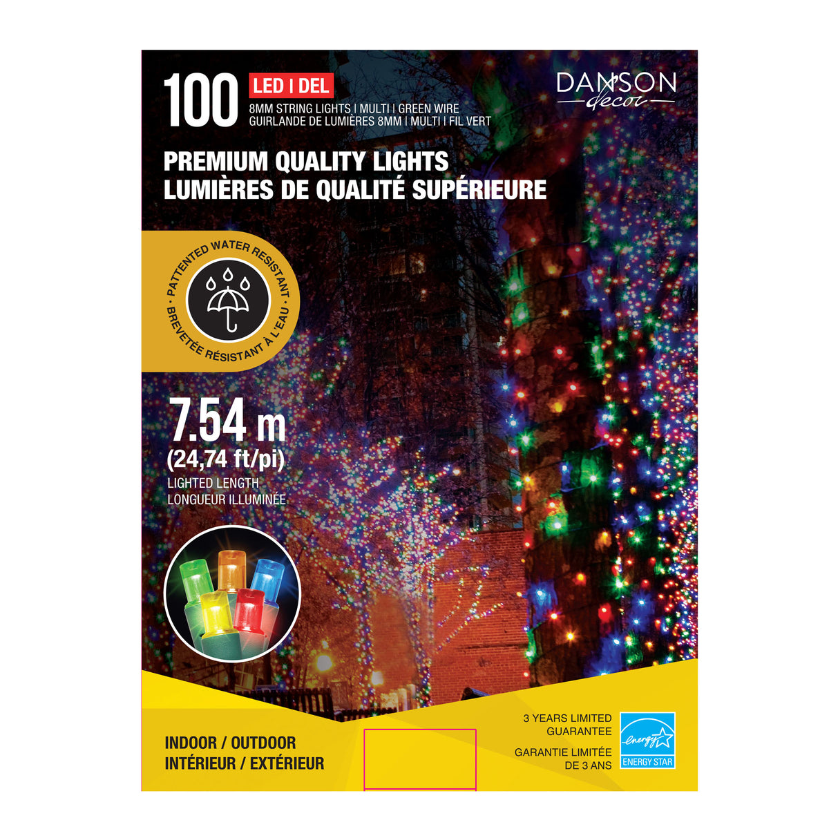 Guirlande de 100 lumières DEL de 8 mm de qualité supérieure sur fil vert de 24,74' (7,54 m), multicolore