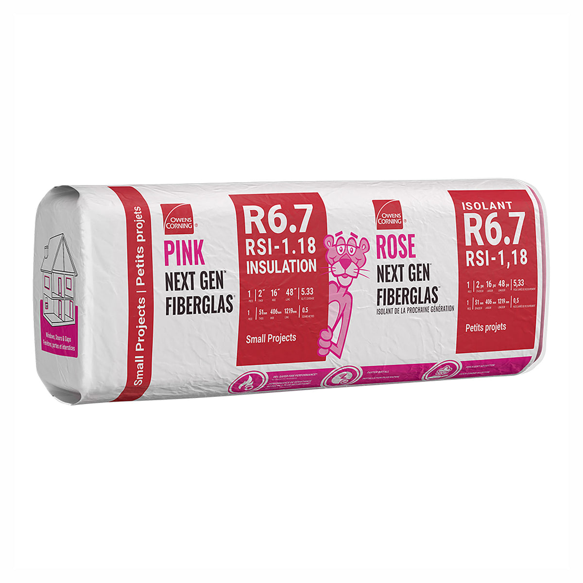 Isolant en fibre de verre Rose Next Gen R 6.7 / RSI-1.18 pour petits projets, 2" x 16" x 48" (5,33 pi²)
