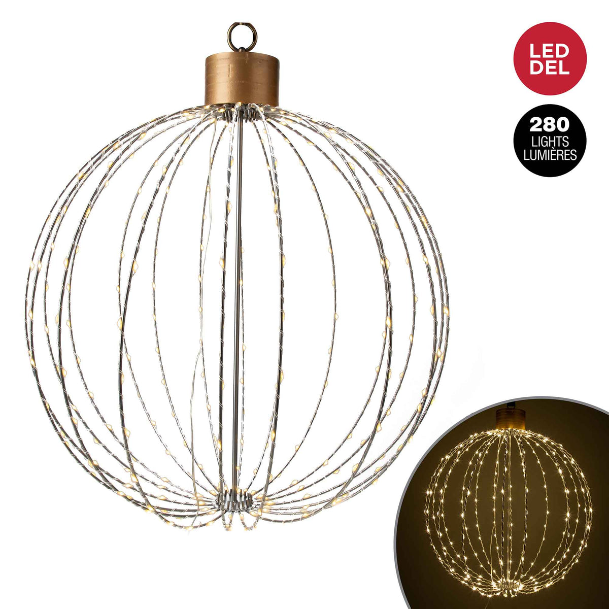 Sculpture de boule de Noël à suspendre à 280 lumières DEL, 60 cm x 70 cm