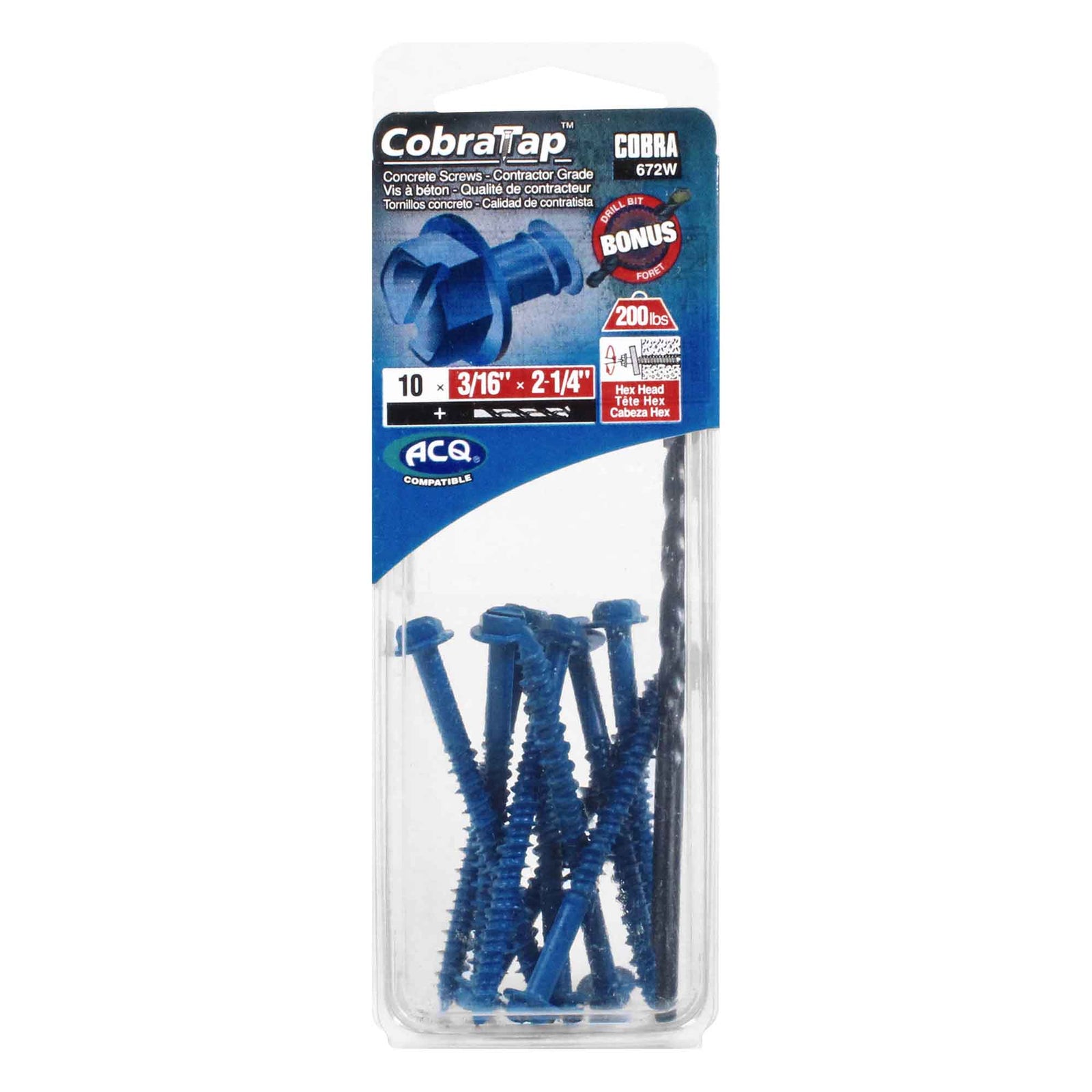 Vis à béton à tête hexagonale CobraTap de 3/16" x 2-1/4", 10 unités