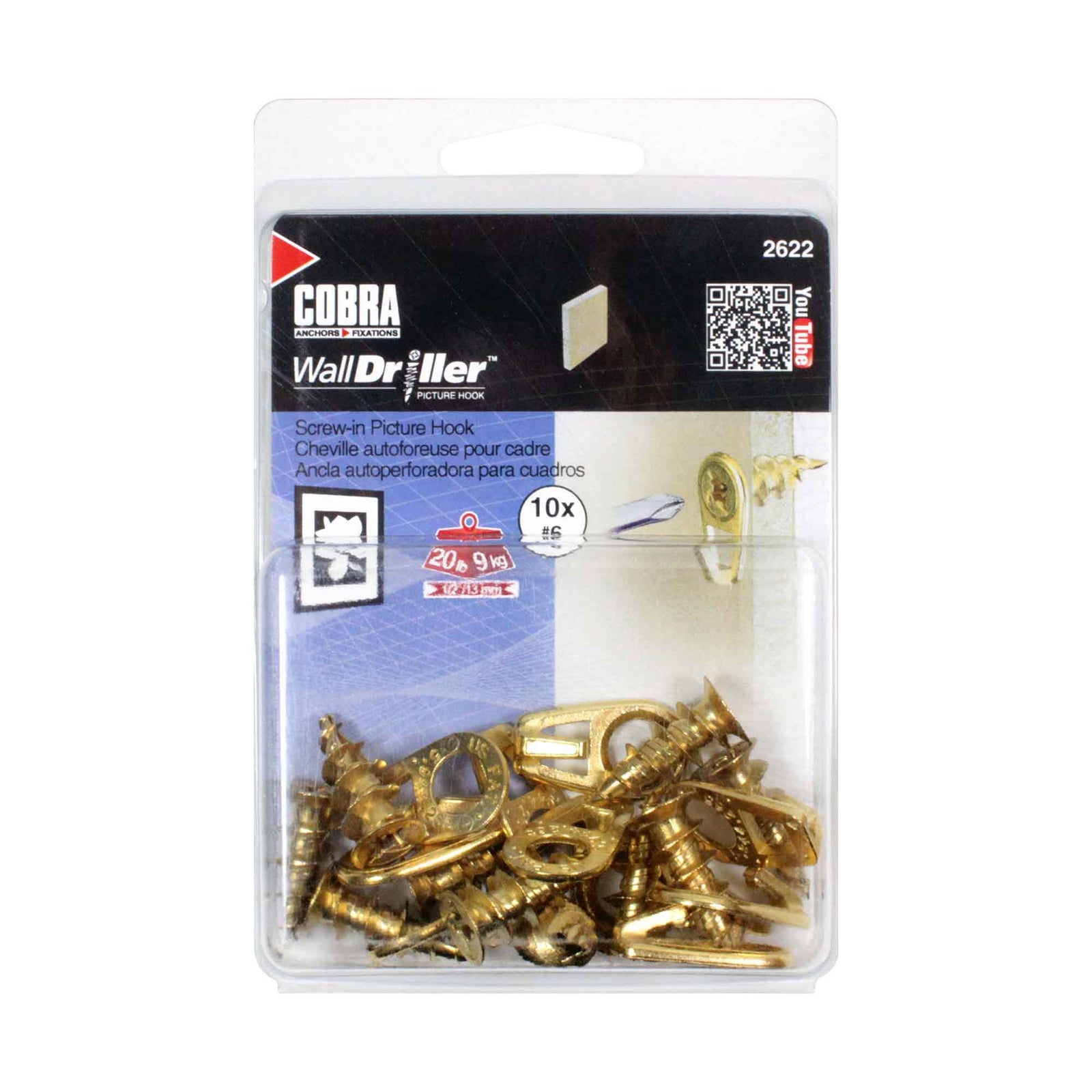 Crochet autoforeur #6 pour cadre WallDriller Picture Hook, 10 unités (laiton)