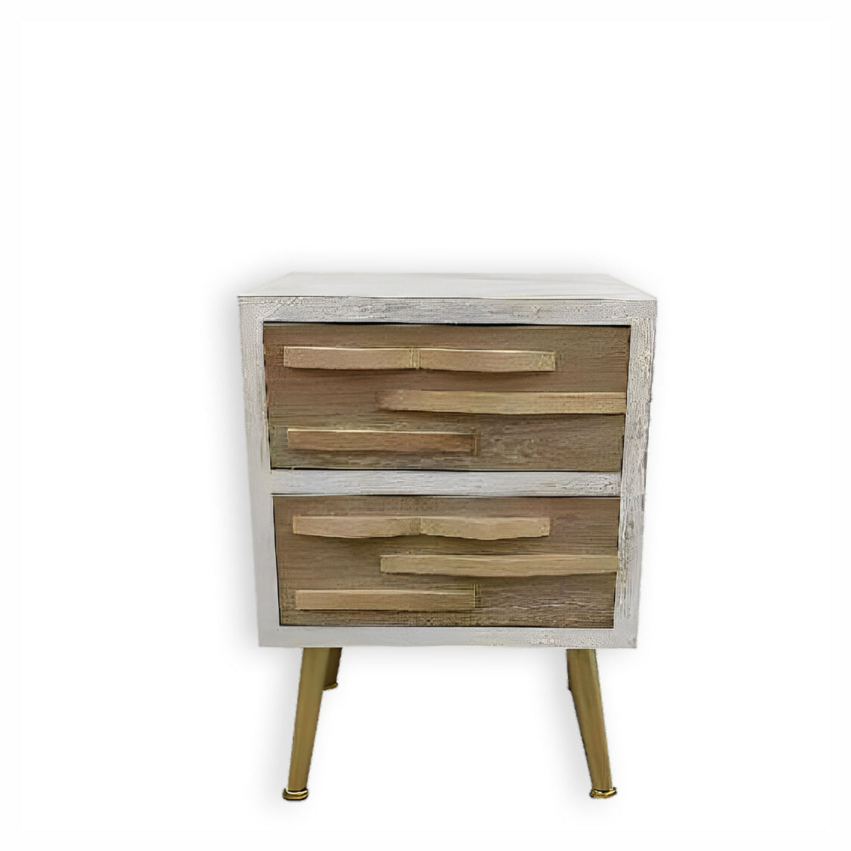 Table de chevet à 2 tiroirs en blanc délavé et en bois naturel, 17" x 14" x 24"